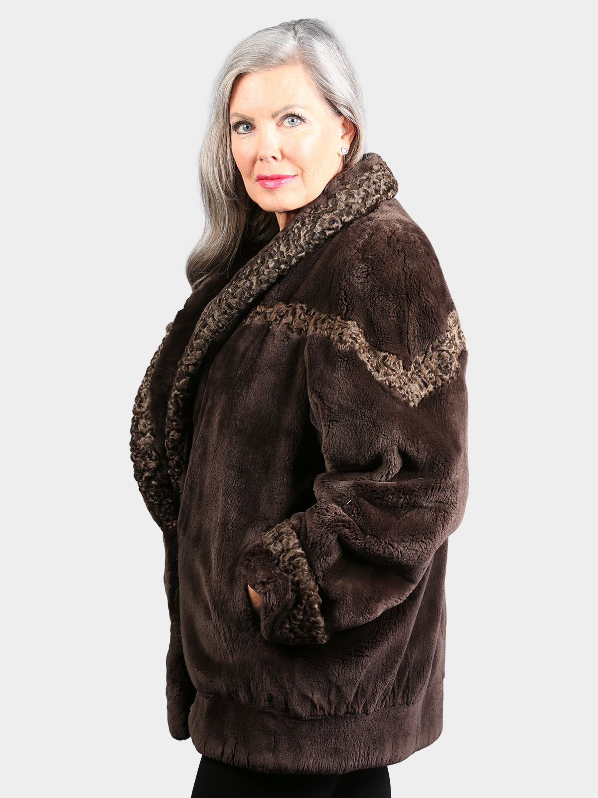 Woman's Dyed Brown Sheared Beaver Fur Jacket with Persian Lamb Trim