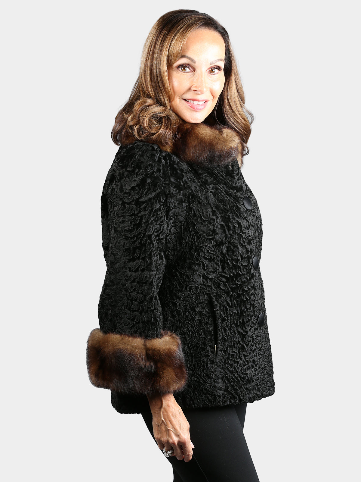 Woman's Dyed Black Broadtail Lamb Jacket with Sable Fur Collar and Cuffs