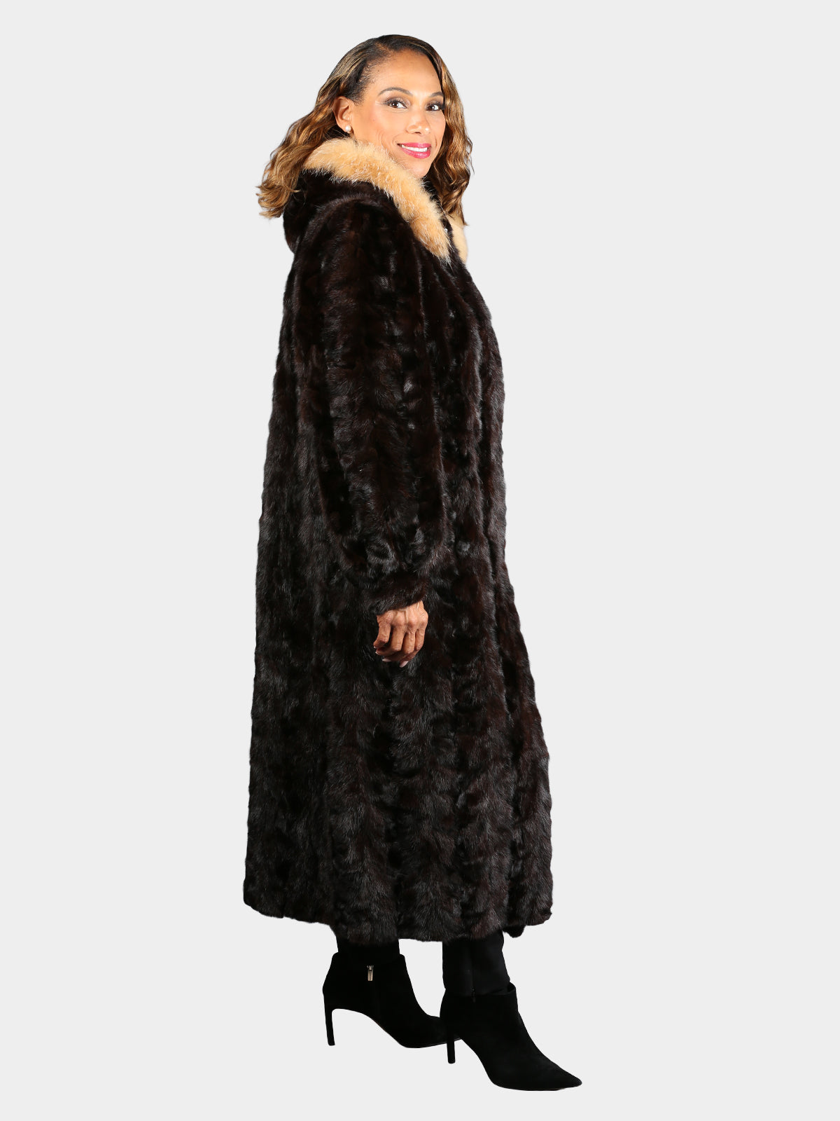 Woman's Natural Deepest Mahogany Sculptured Mink Fur Coat with Hood