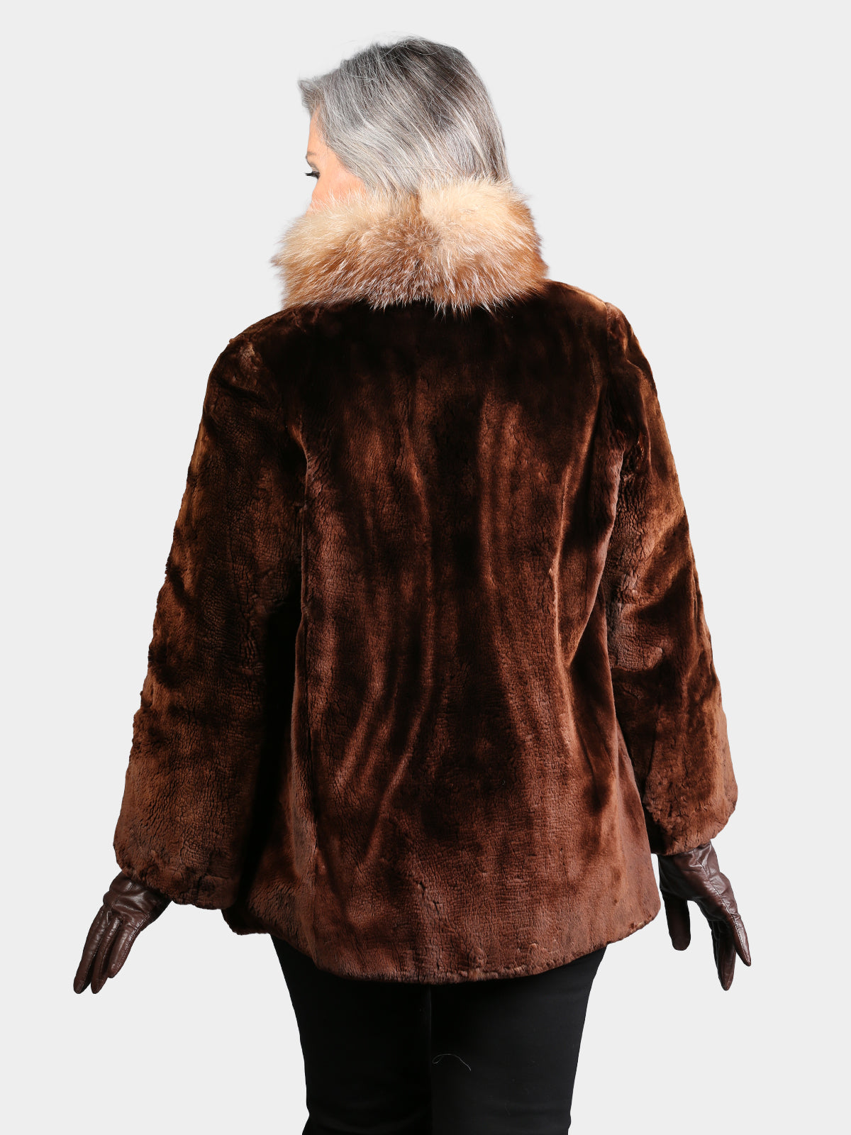 Woman's Dyed Brown Vintage Seal Fur Jacket with Crystal Fox Tuxedo Front