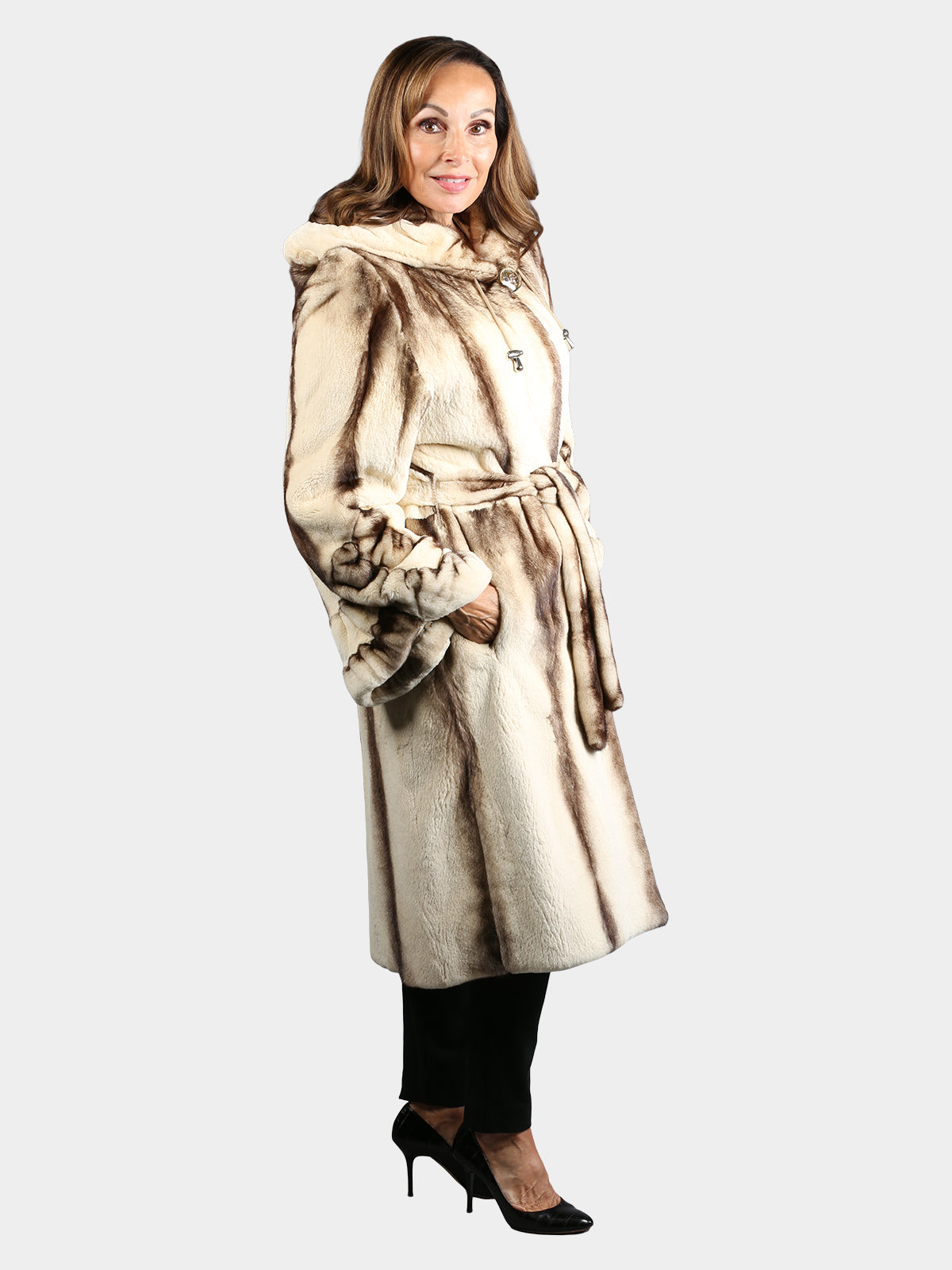 Woman's Bleached Mahogany Female Mink Fur Semi Sheared 7/8 Coat with Hood and Belt
