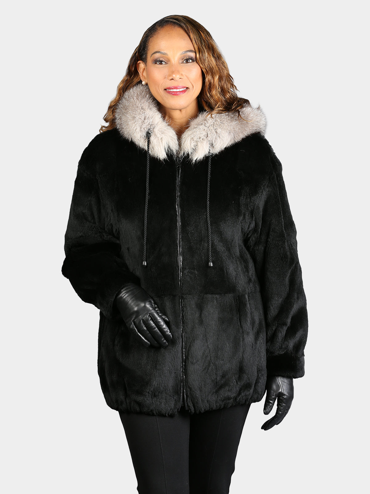 Woman's Dyed Black Sheared Mink Fur Parka Reversing to Black Leather
