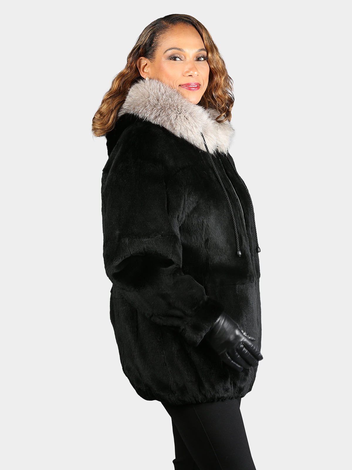 Woman's Dyed Black Sheared Mink Fur Parka Reversing to Black Leather