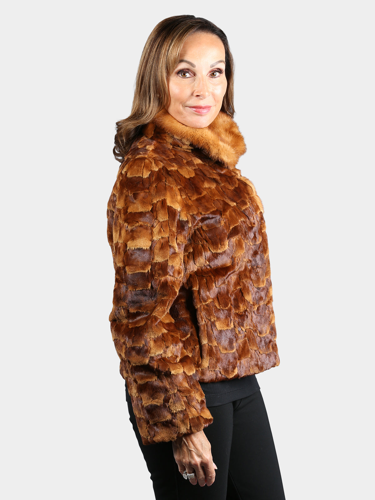 Woman's Dyed Whiskey Semi Sheared Sculptured Mink Fur Bolero Jacket