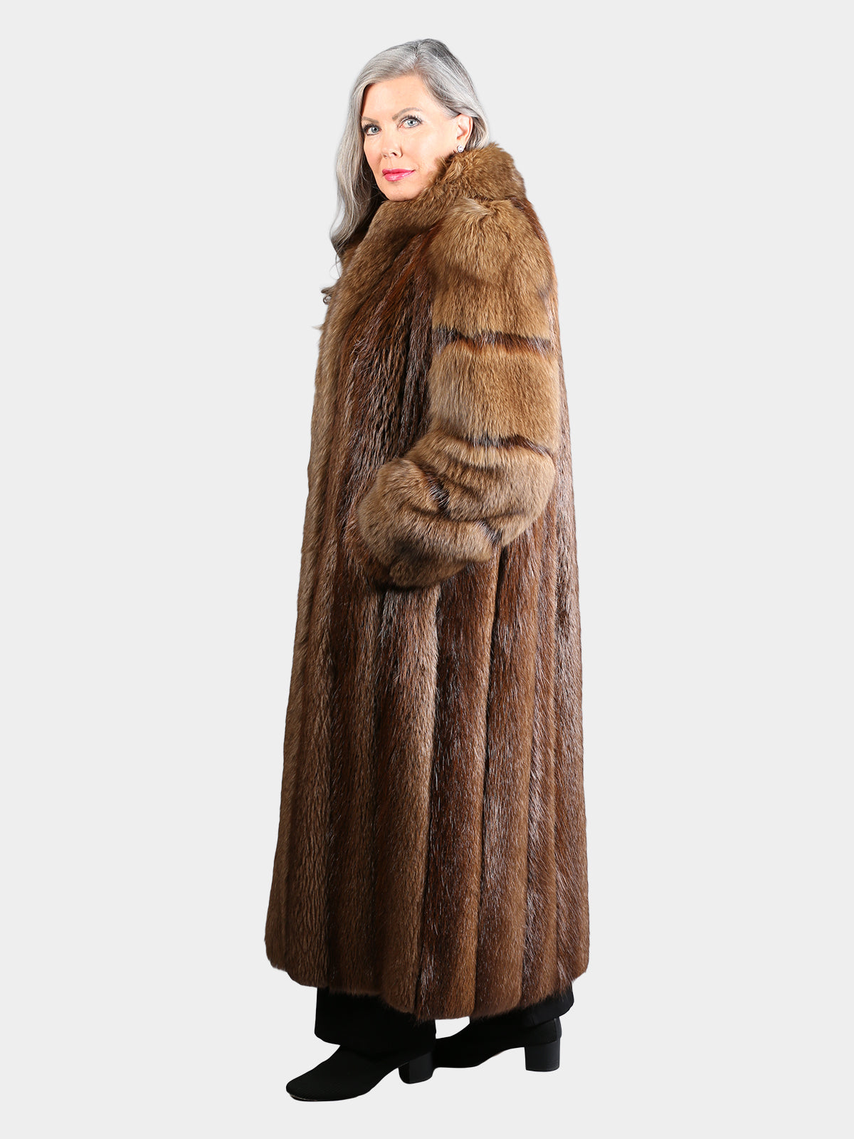 Woman's Dyed Brown Long Hair Beaver Fur Coat with Fox Sleeves and Tuxedo Front