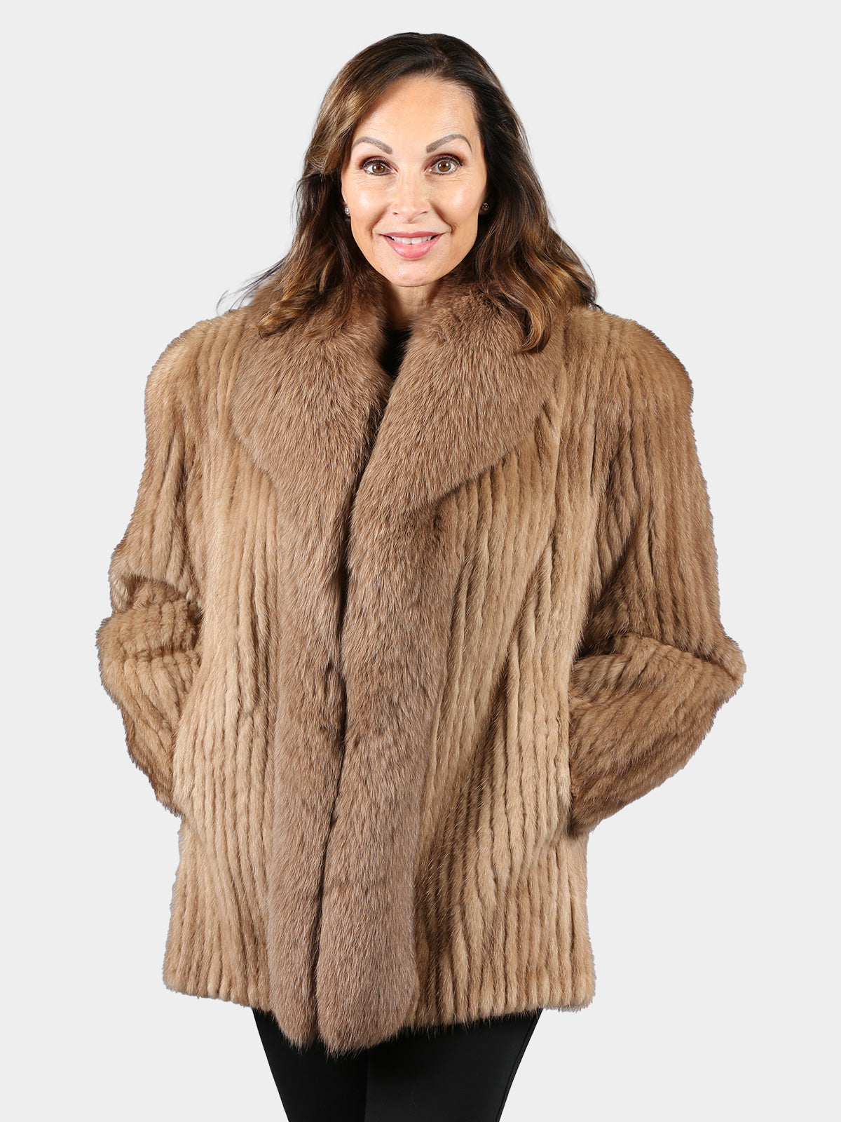 Woman's Pastel Cord Cut Mink Fur Jacket with Fox Trim