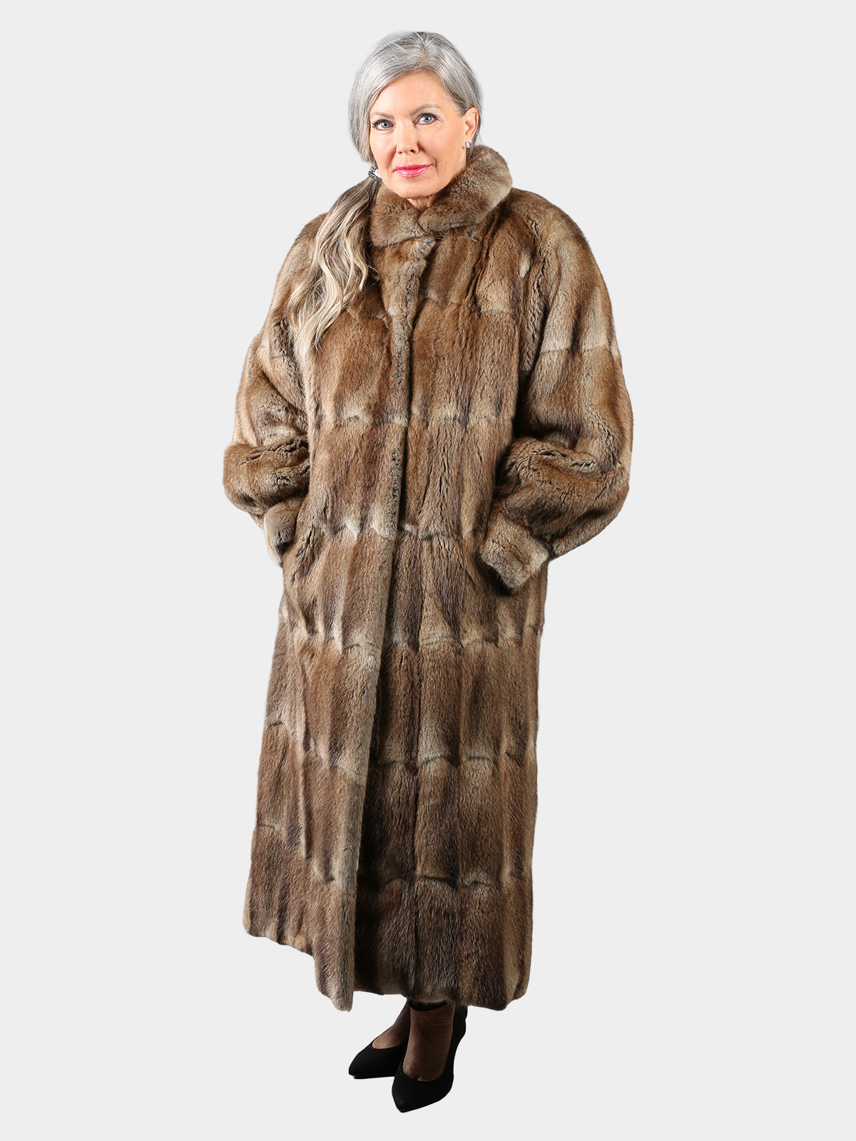 Woman's Natural Muskrat Fur Coat with Detachable Hood