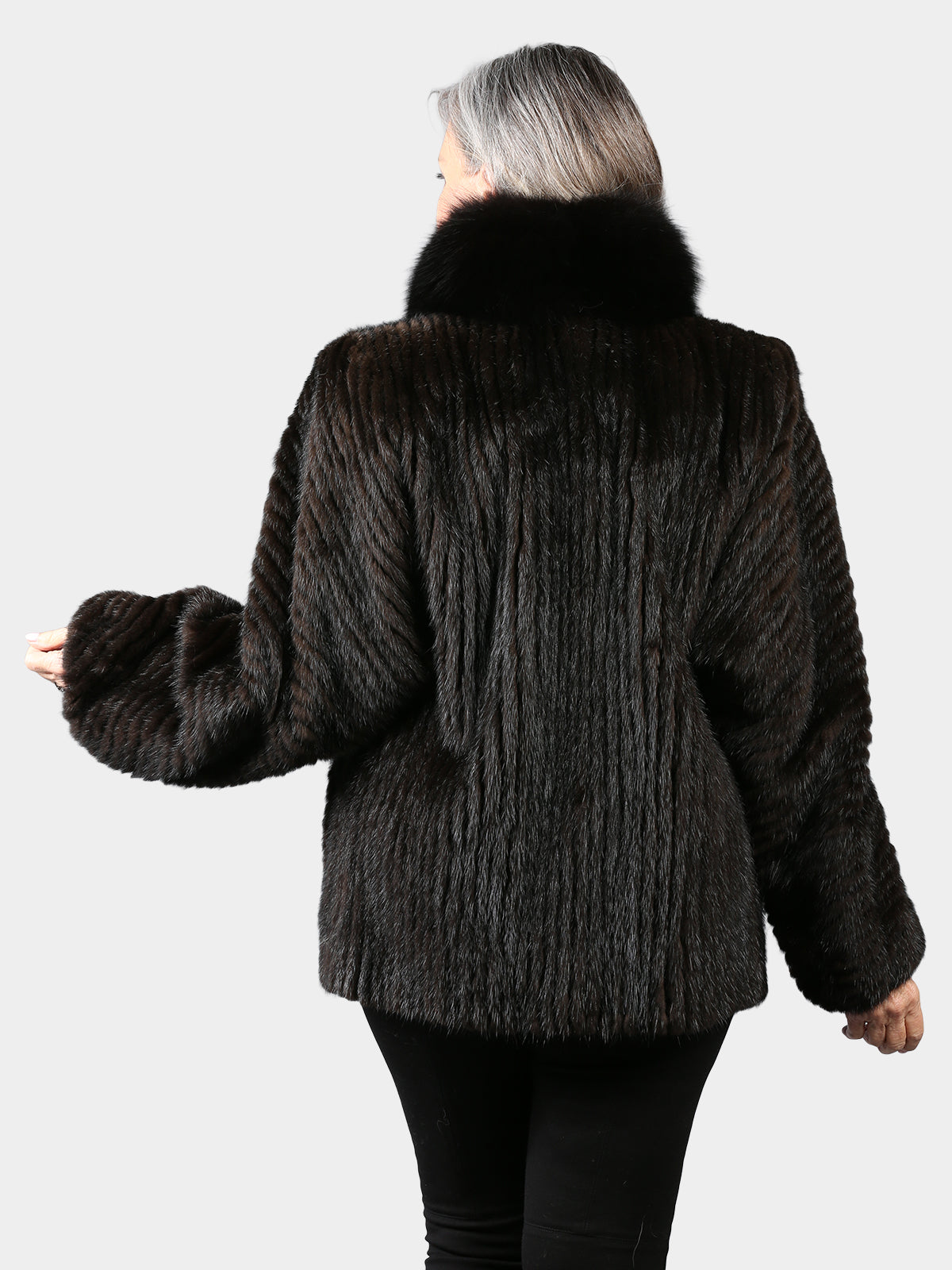Woman's Mahogany Cord Cut Mink Fur Jacket with Black Fox Collar