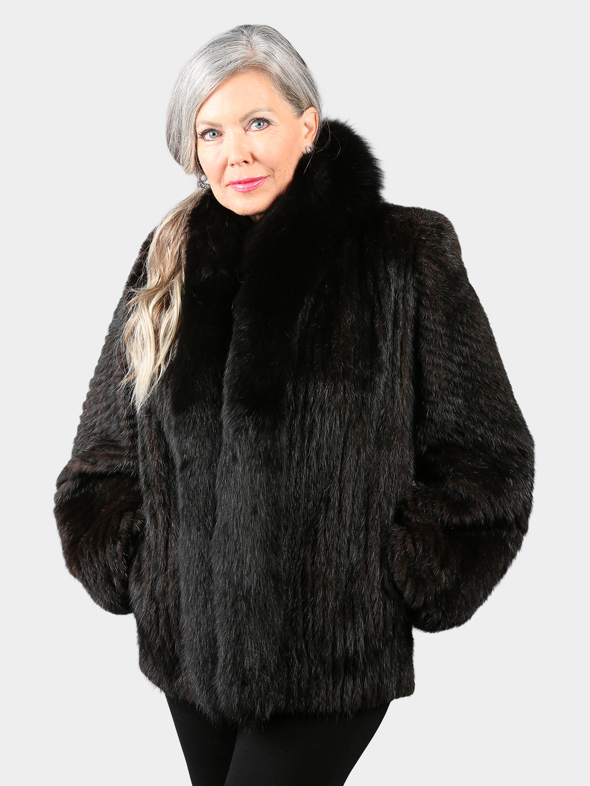 Woman's Mahogany Cord Cut Mink Fur Jacket with Black Fox Collar