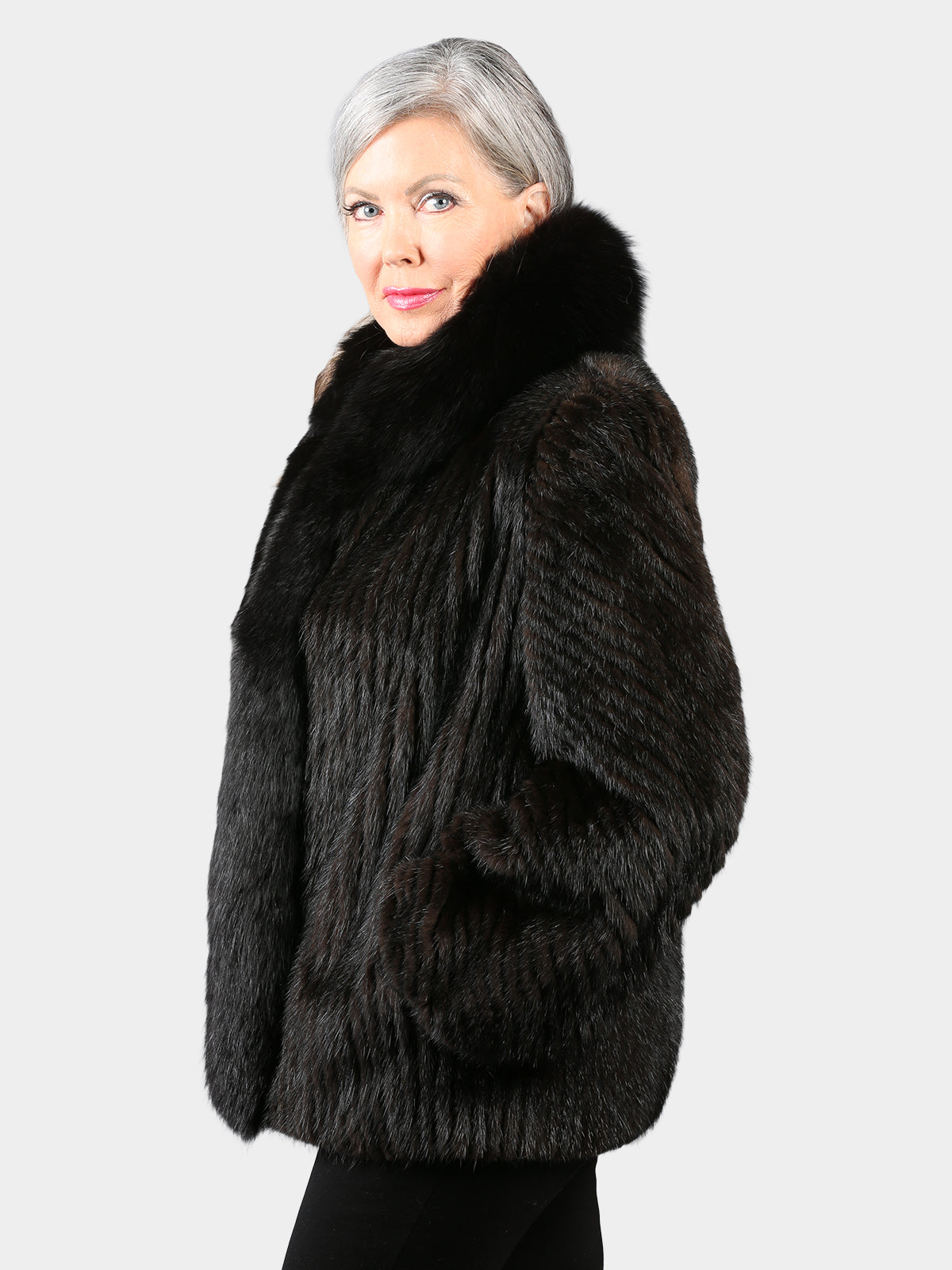 Woman's Mahogany Cord Cut Mink Fur Jacket with Black Fox Collar