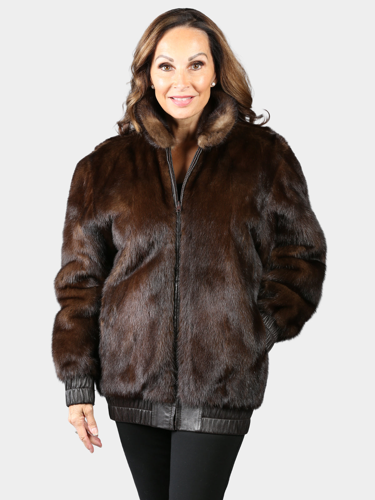 Woman's Mahogany Mink Fur Jacket Reversing to Brown Leather