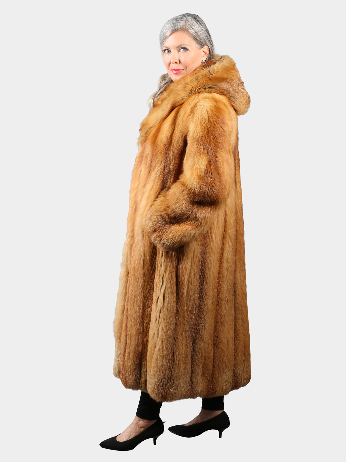 Woman's Natural American Red Fox Fur Coat with Hood