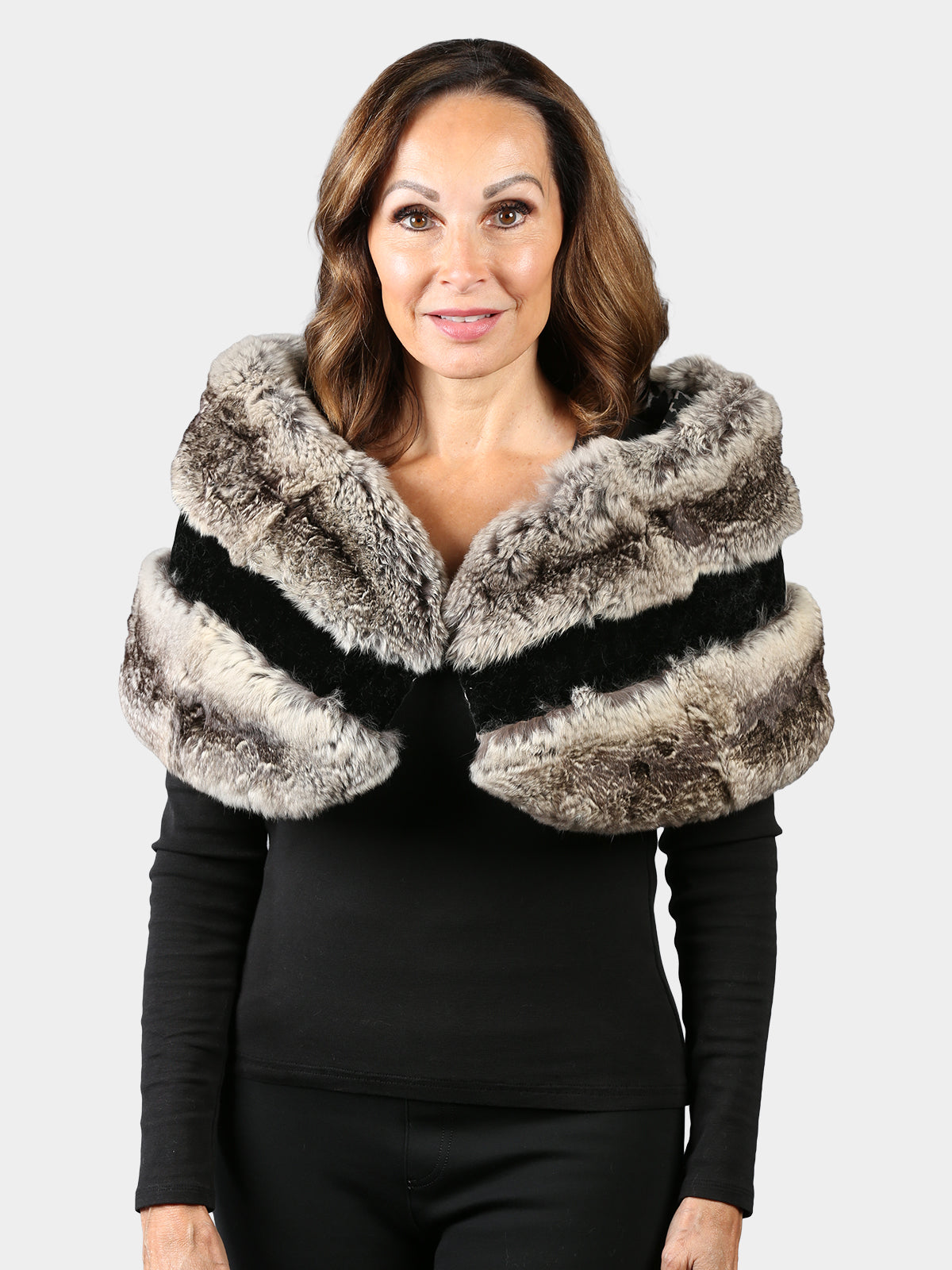 Woman's Natural Chinchilla Fur Stole with Black Velvet Trim