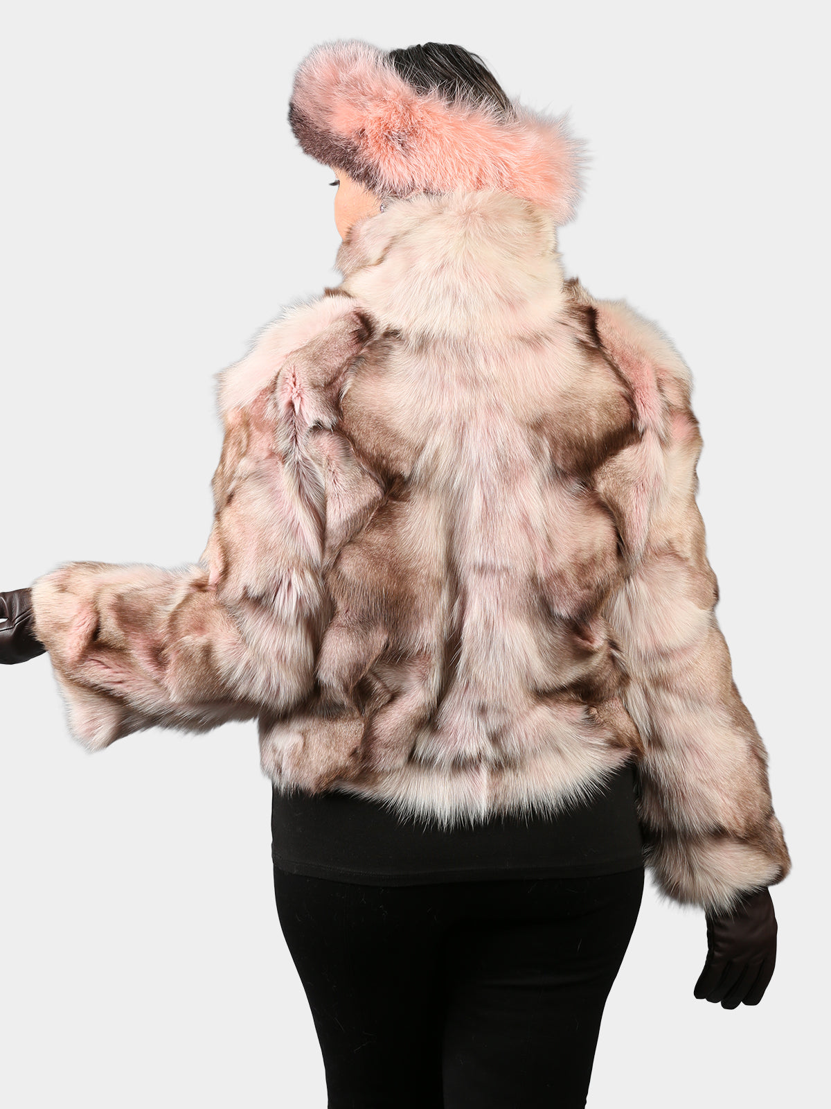 Woman's Dyed Pink Sculptured Fox Fur Bolero Jacket with Matching Fox Headband