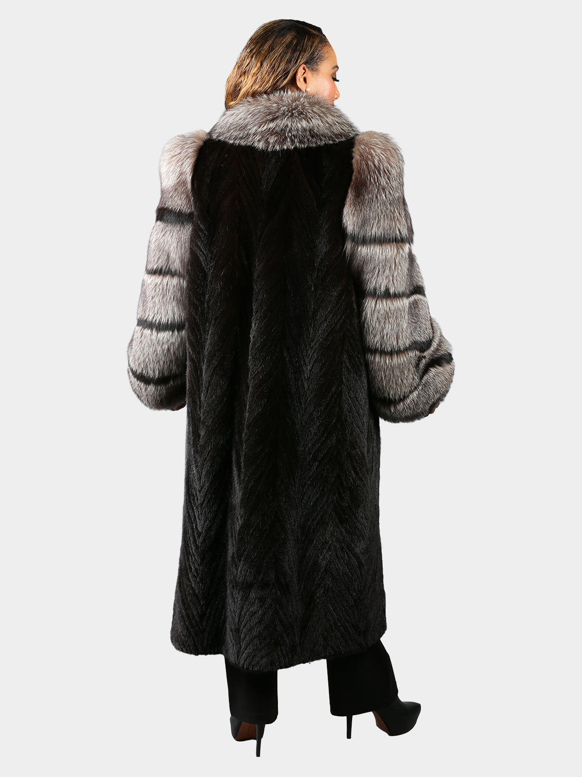 Woman's Dyed Black Mink Tails Fur Coat with Indigo Fox Collar and Sleeves