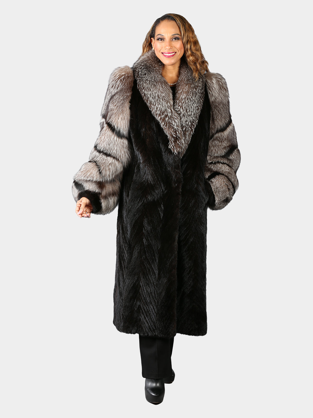 Woman's Dyed Black Mink Tails Fur Coat with Indigo Fox Collar and Sleeves