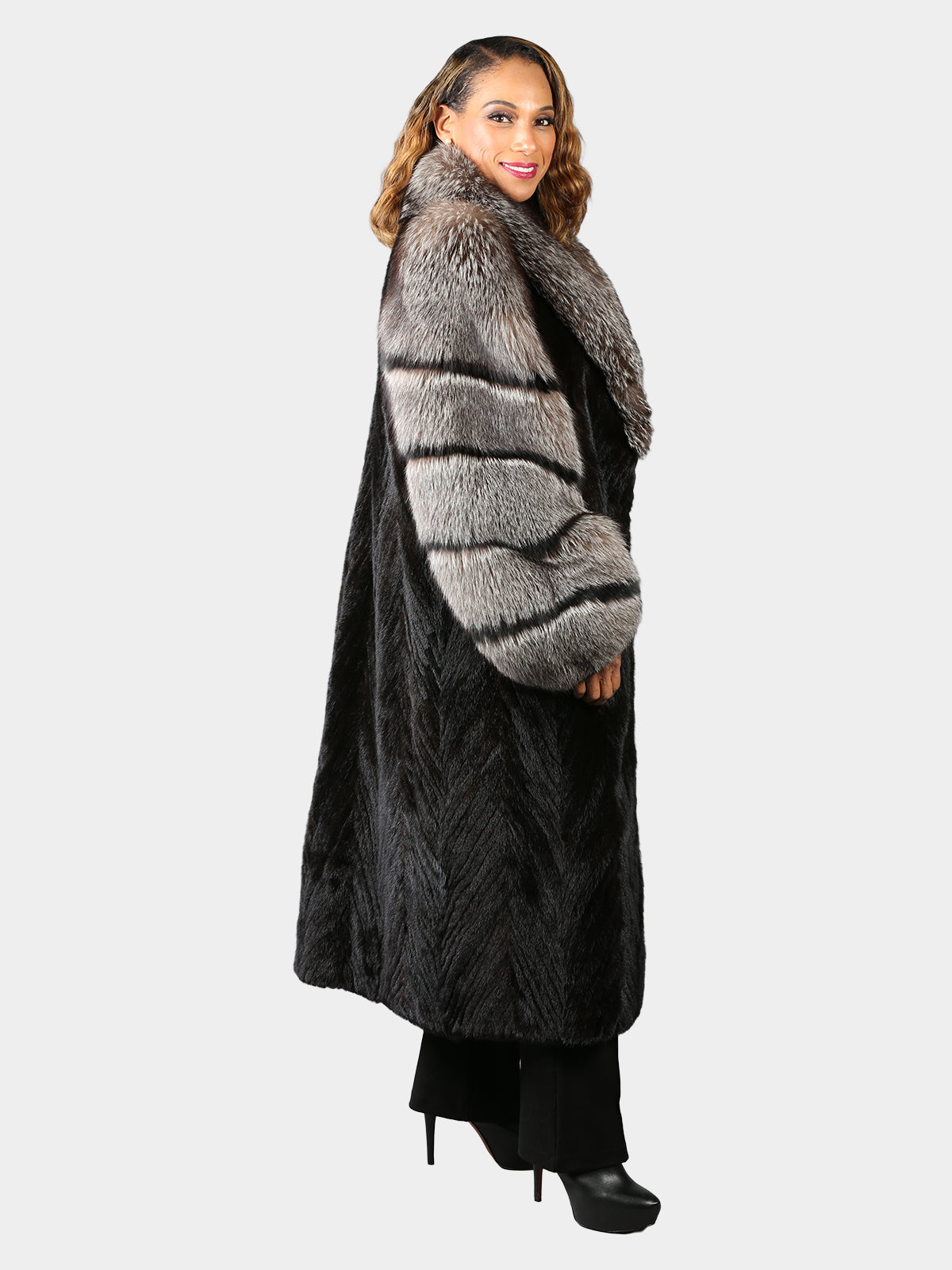 Woman's Dyed Black Mink Tails Fur Coat with Indigo Fox Collar and Sleeves