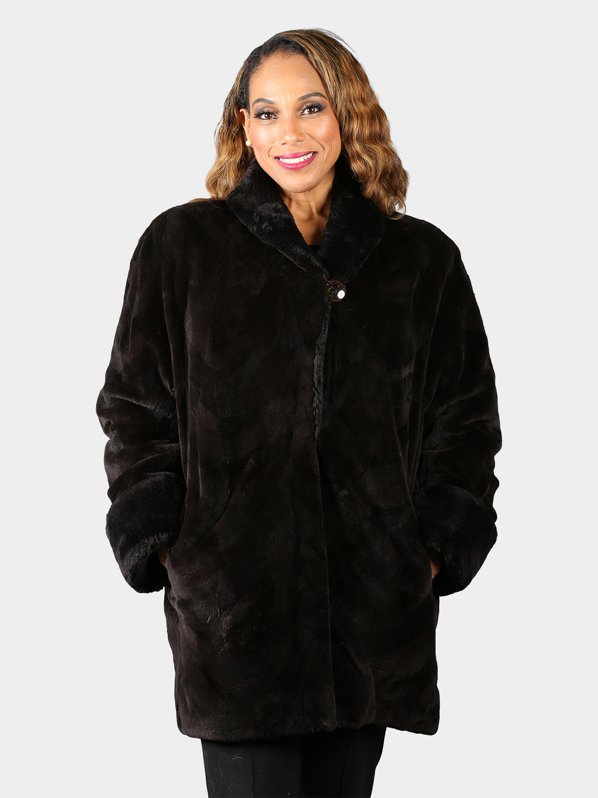Woman's Dyed Deep Brown Sculptured Sheared Mink Fur Stroller with Sheared Beaver Trim
