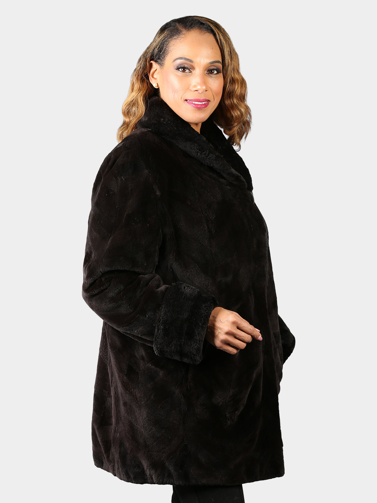 Woman's Dyed Deep Brown Sculptured Sheared Mink Fur Stroller with Sheared Beaver Trim