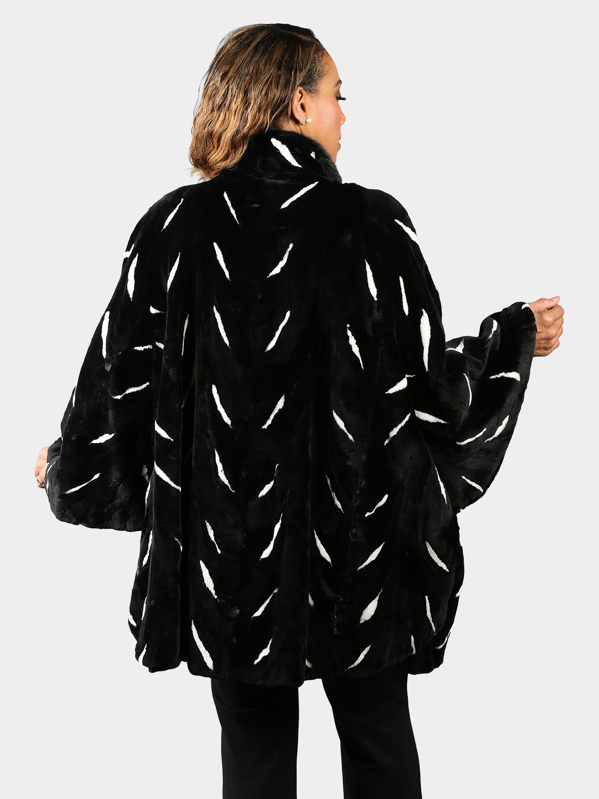 Woman's Plus Size New Dyed Black Sheared Mink Fur Cape with White Mink inserts