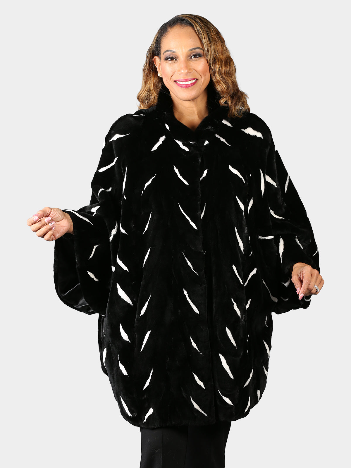 Woman's Plus Size New Dyed Black Sheared Mink Fur Cape with White Mink inserts