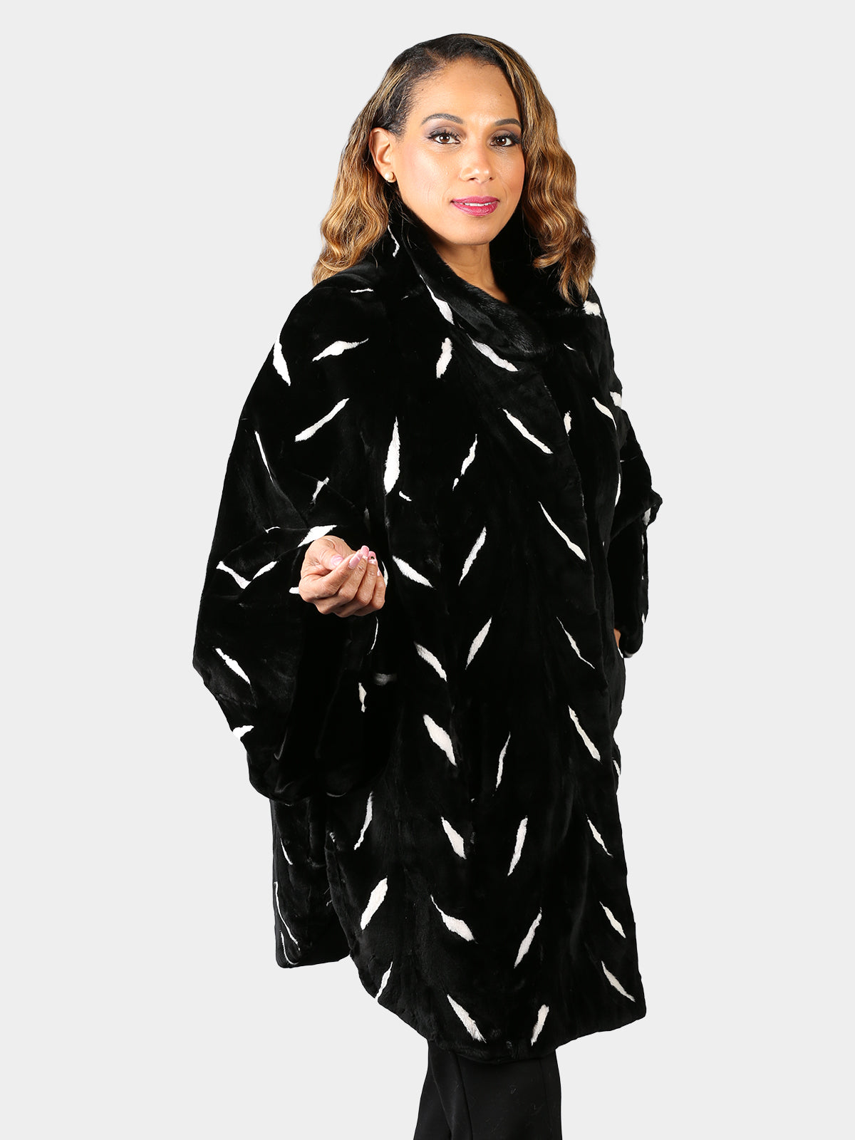 Woman's Plus Size New Dyed Black Sheared Mink Fur Cape with White Mink inserts
