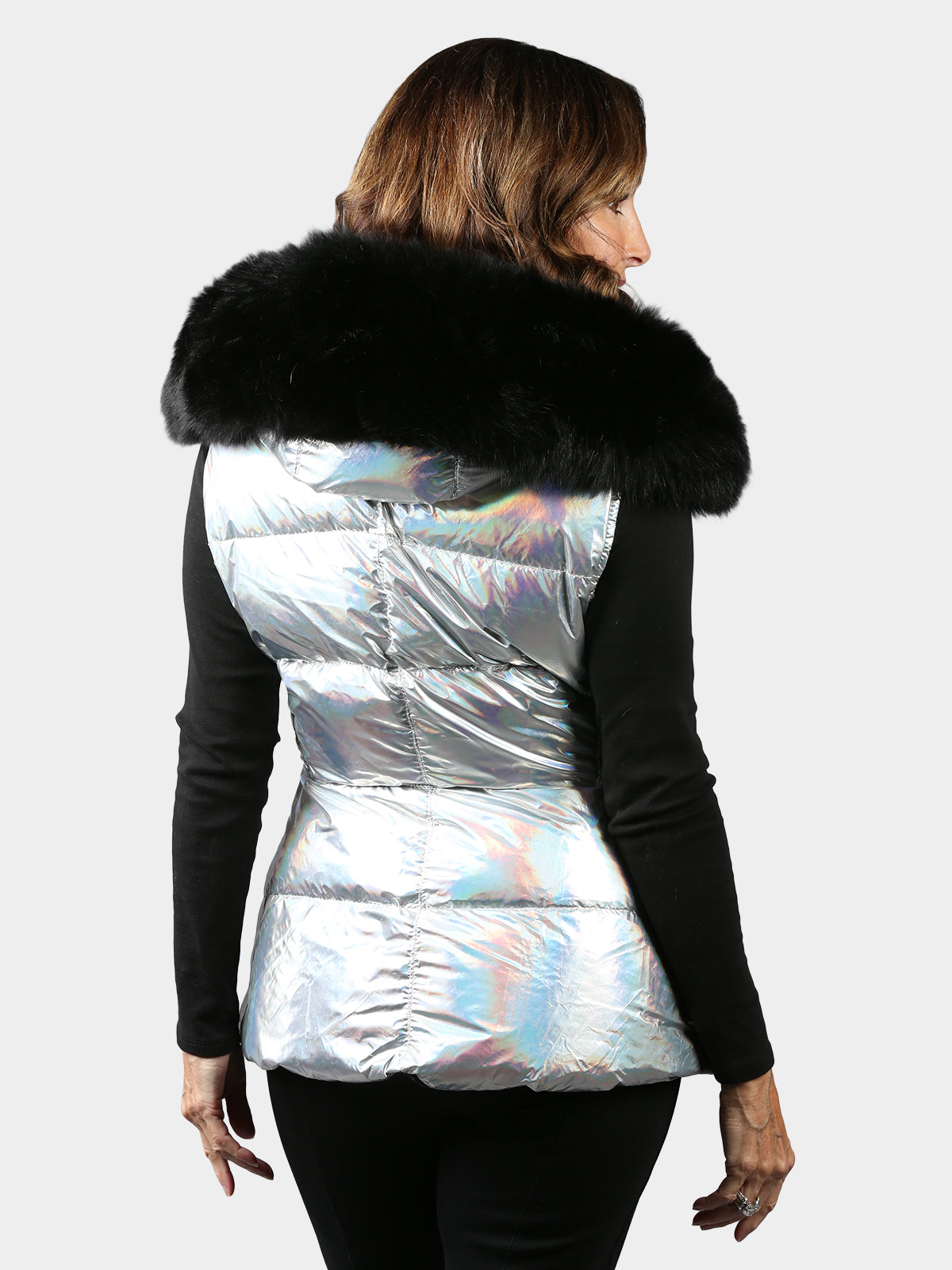 Woman's New Silver Cloth Apres Ski Down Filled Vest with Fox Trimmed Hood by Gorski