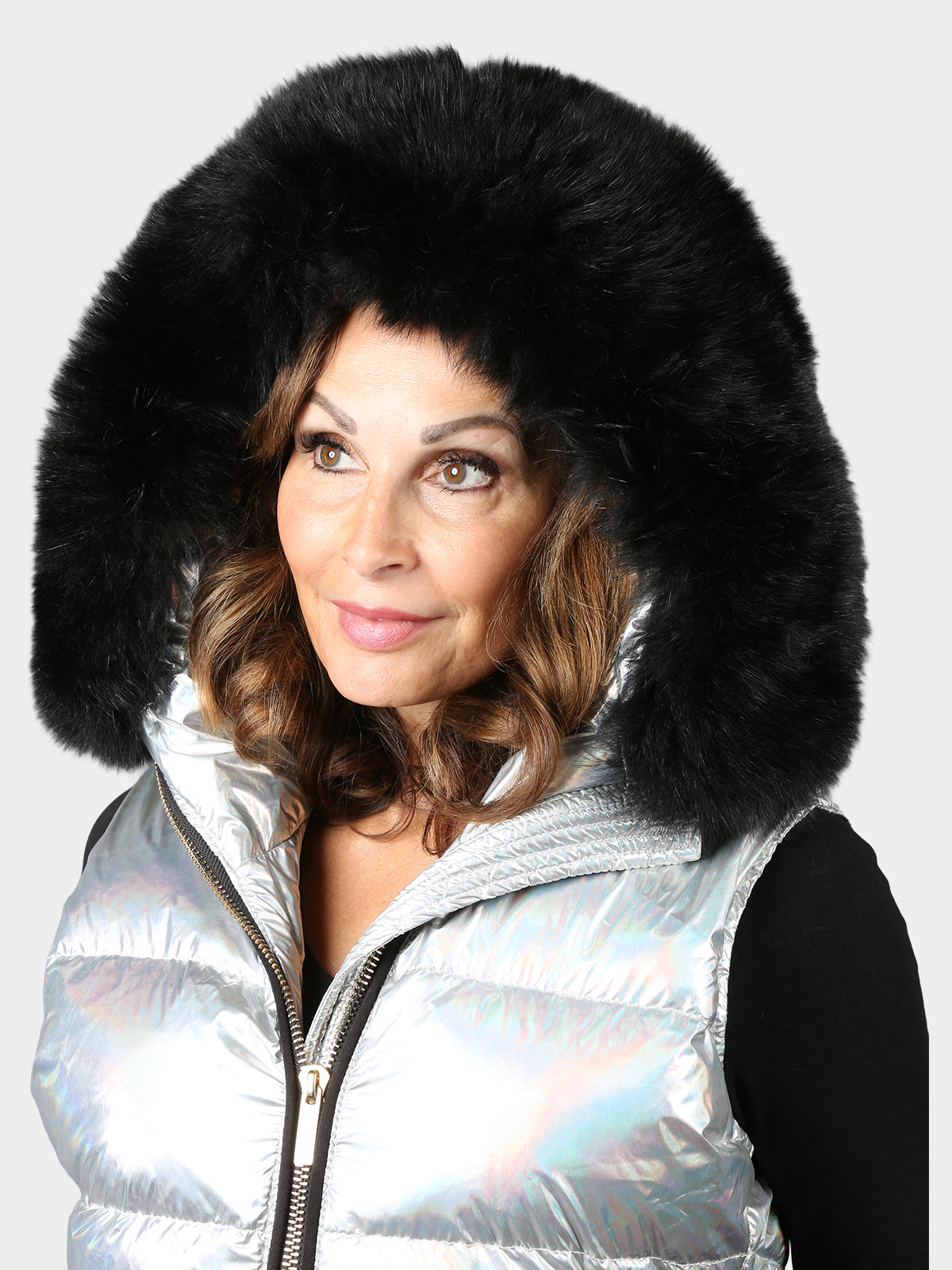 Woman's New Silver Cloth Apres Ski Down Filled Vest with Fox Trimmed Hood by Gorski