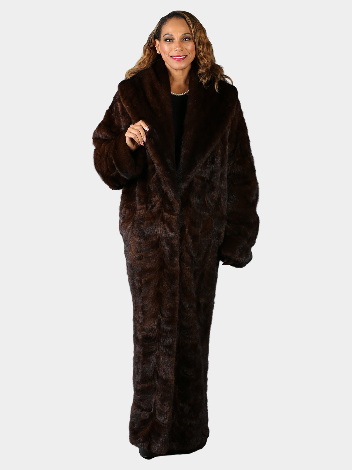 Woman's Plus Size Extra Long Mahogany Sculptured Mink Fur Coat