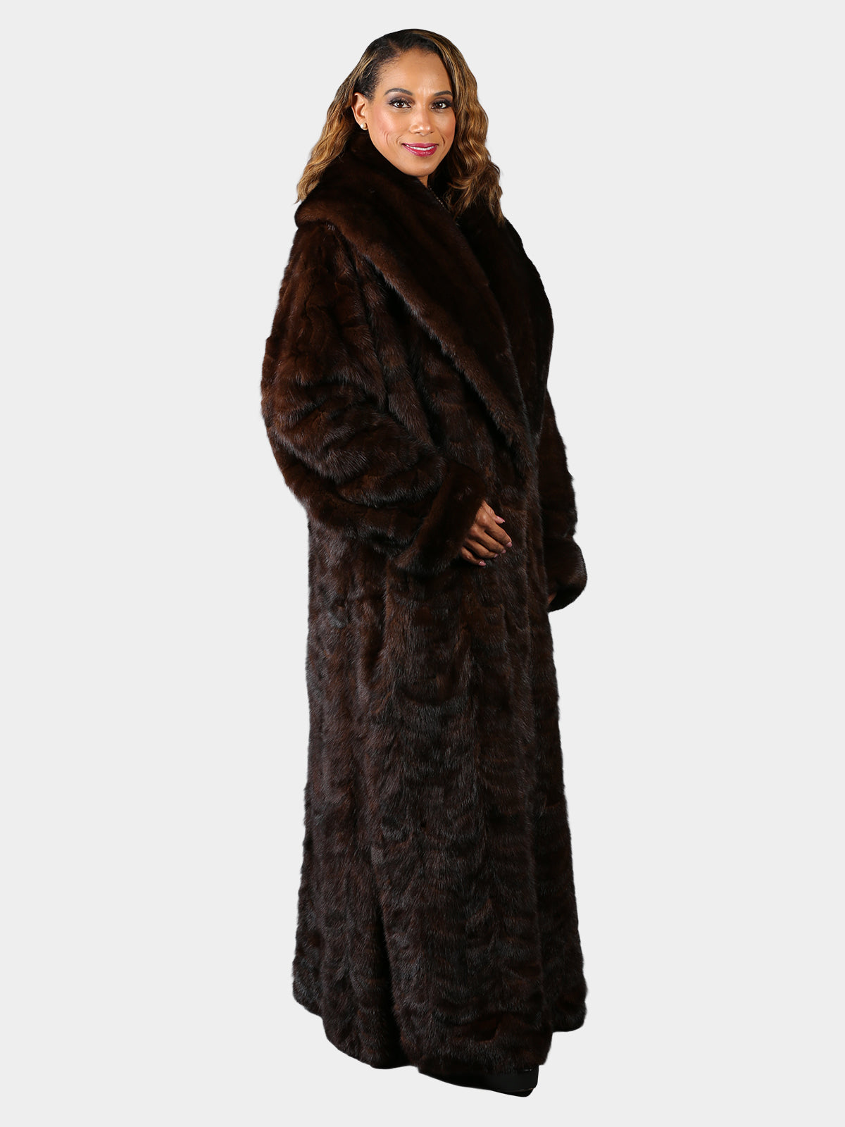 Woman's Plus Size Extra Long Mahogany Sculptured Mink Fur Coat
