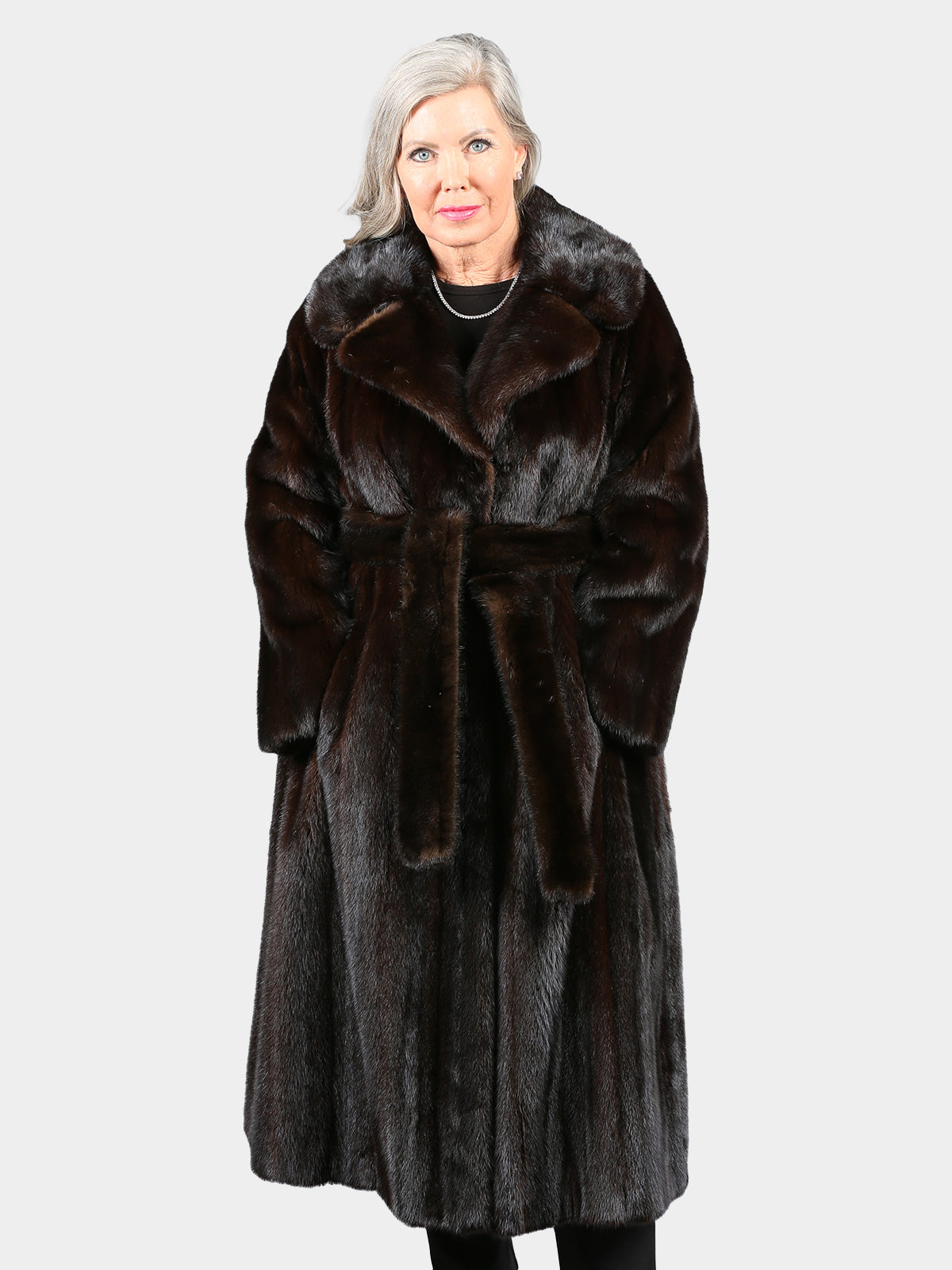 Woman's Deepest Mahogany Female Mink Fur Coat with Mink Bely