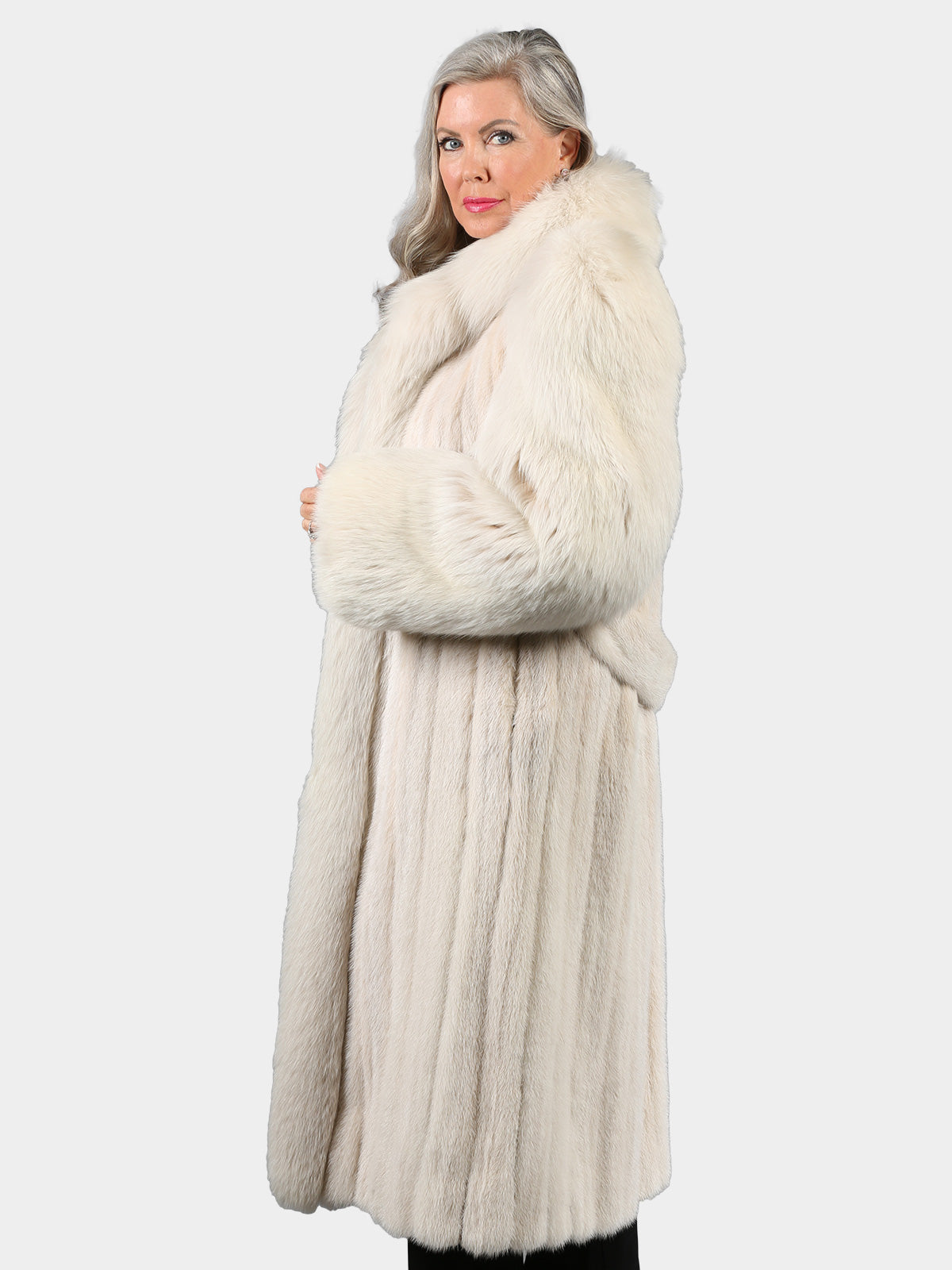 Woman's Blush Female Mink Fur Coat with Dyed to Match Fox Collar, Sleeves and Front