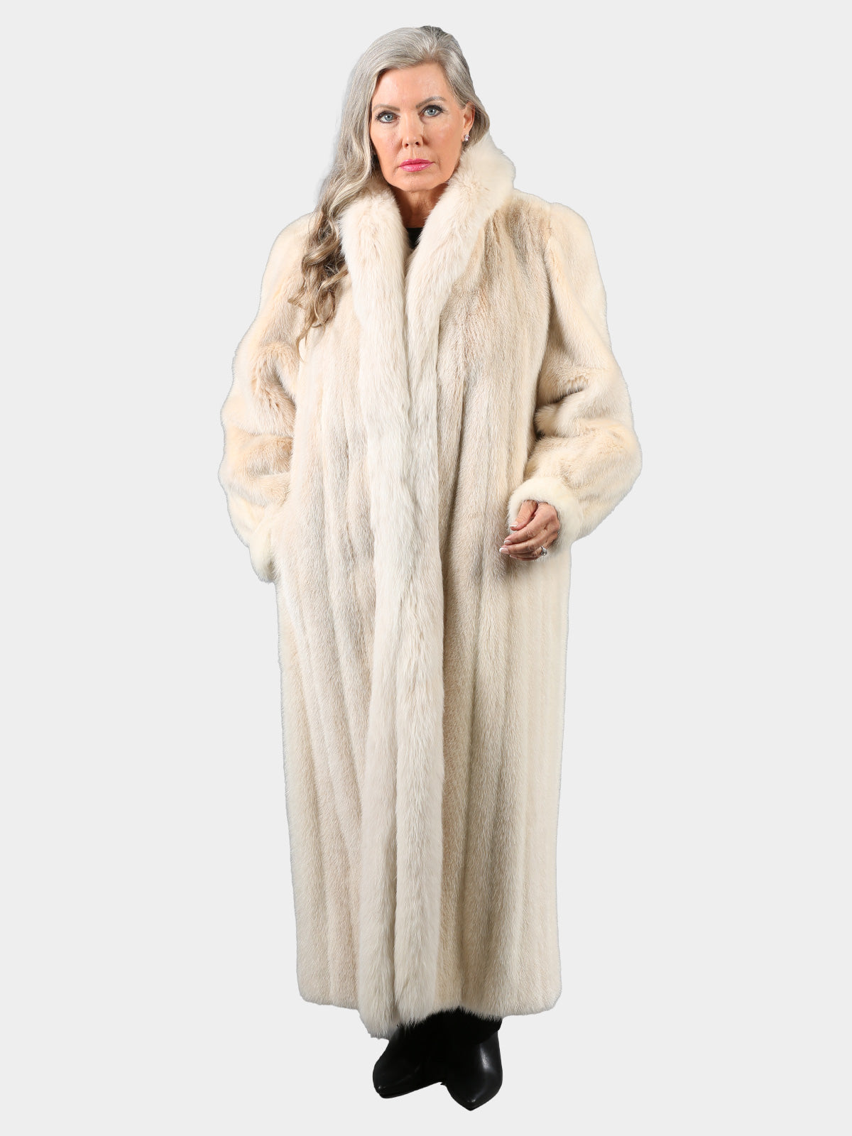 Woman's Blush Mink Fur Coat with Matching Fox Tuxedo Front