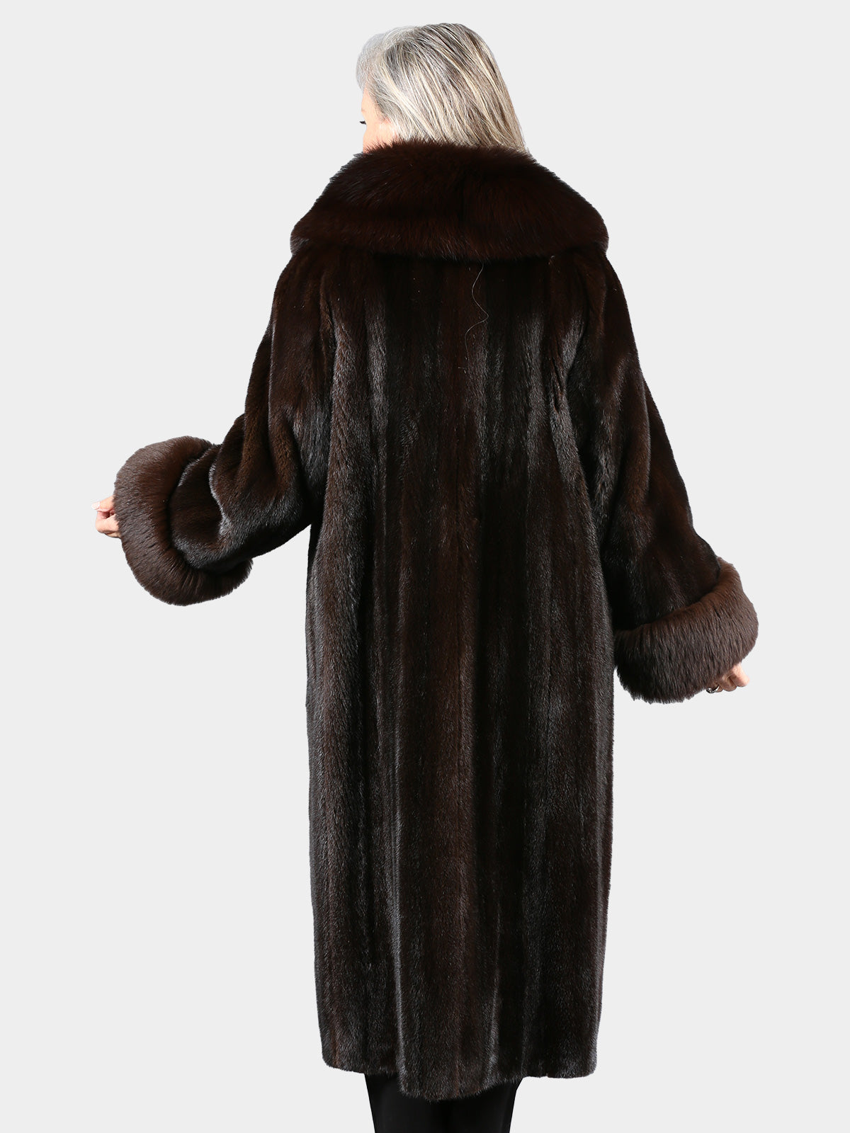 Woman's Dark Mahogany Mink Fur Coat with Dyed to Match Fox Collar and Cuffs