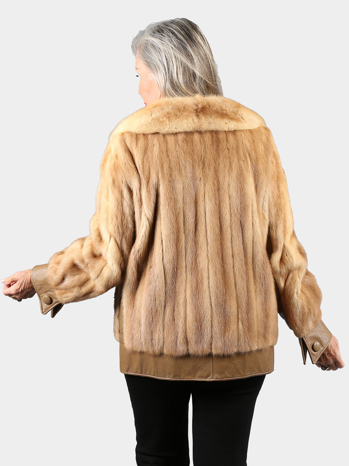 Woman's Vintage Pastel Female Mink Fur Jacket with Leather Trim