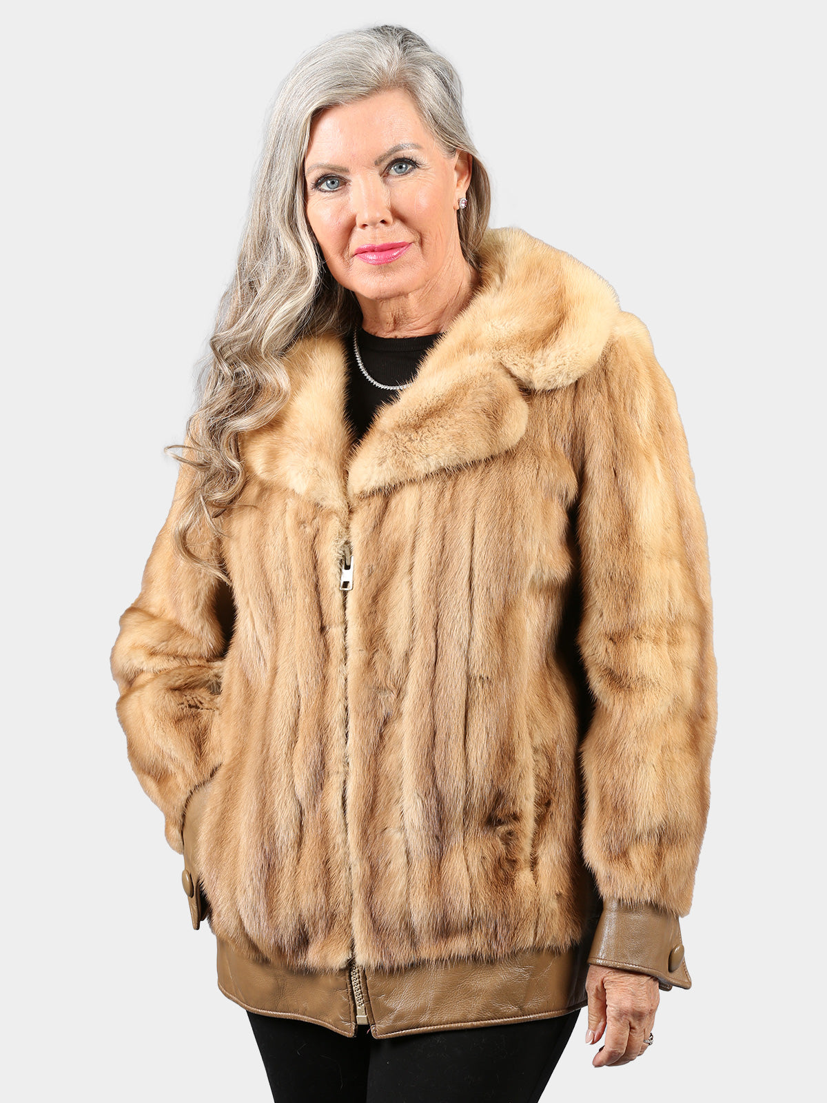 Woman's Vintage Pastel Female Mink Fur Jacket with Leather Trim