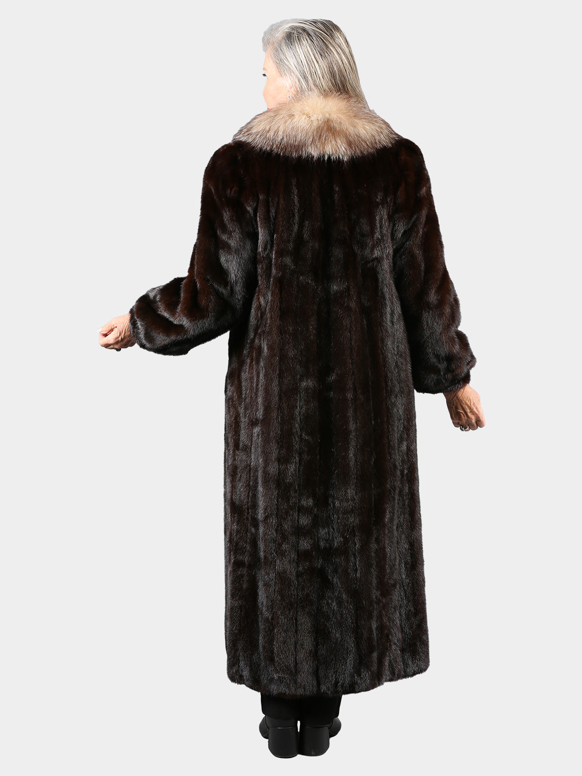 Woman's Mahogany Mink Fur Coat with Crystal Fox Tuxedo Front