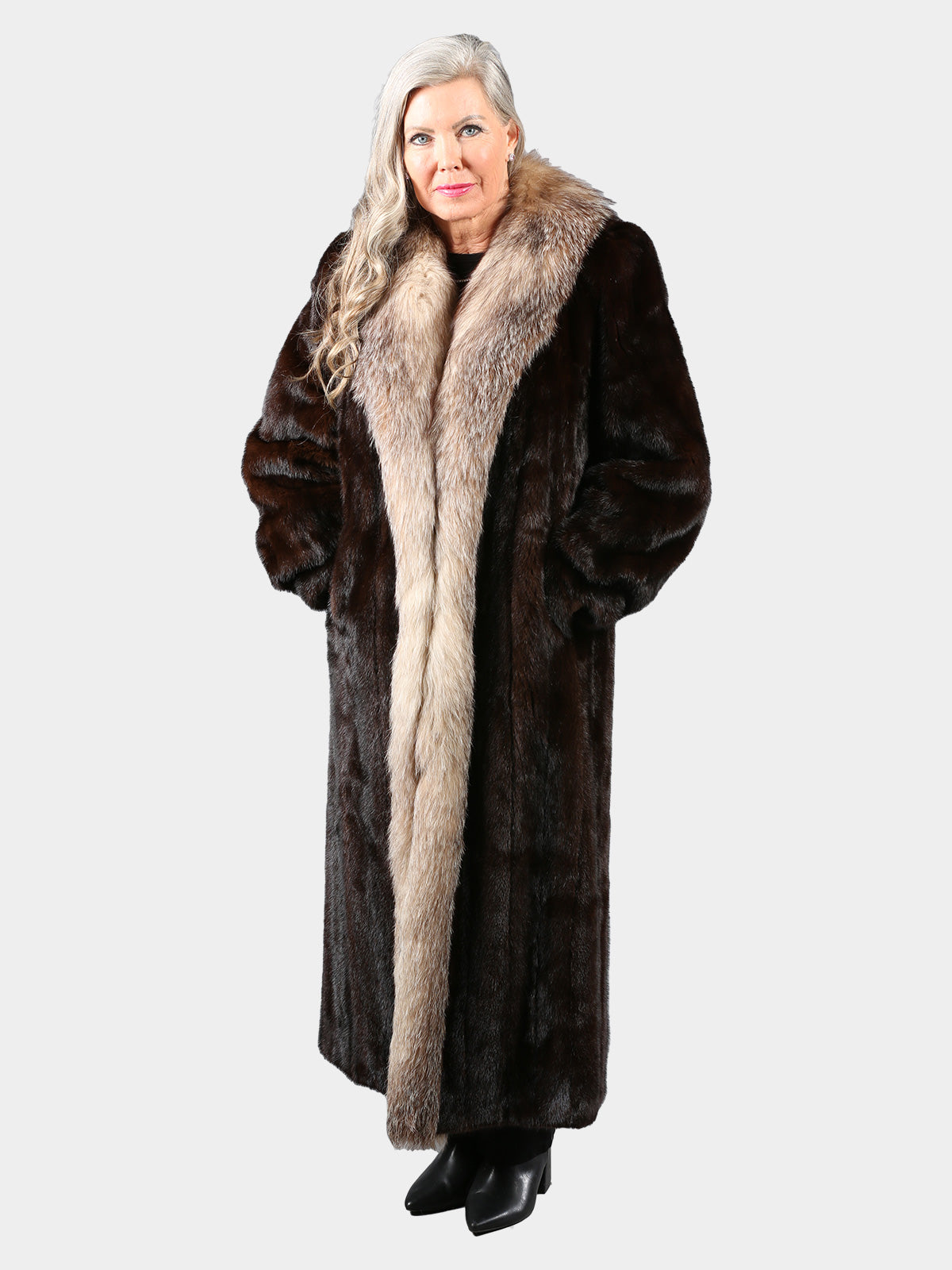Woman's Mahogany Mink Fur Coat with Crystal Fox Tuxedo Front
