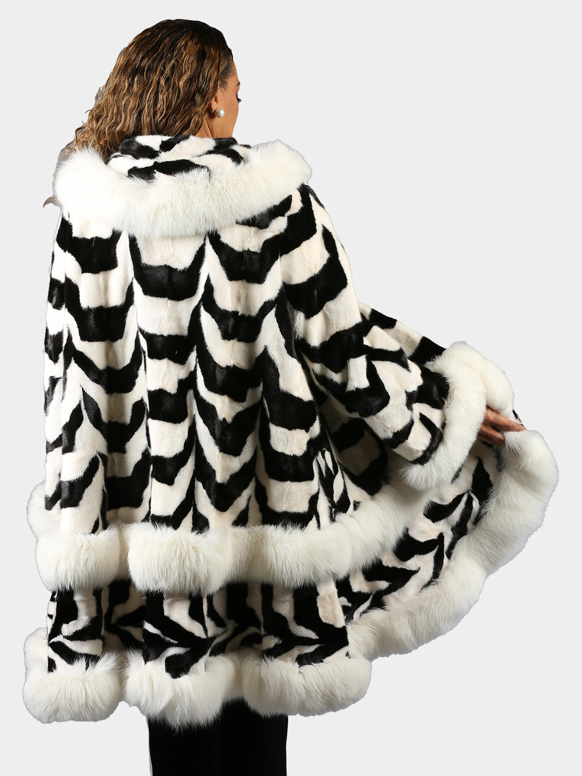 Woman's Black and White Geometric Designed Mink Fur 7/8 Coat with Shadow Fox Trim