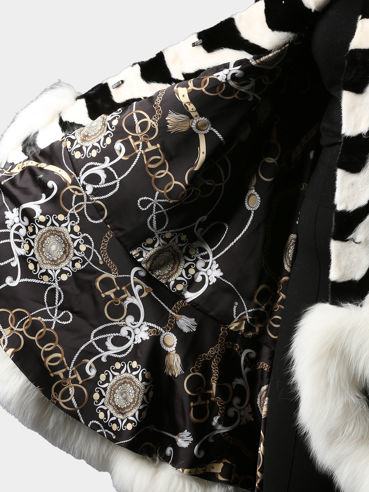 Woman's Black and White Geometric Designed Mink Fur 7/8 Coat with Shadow Fox Trim