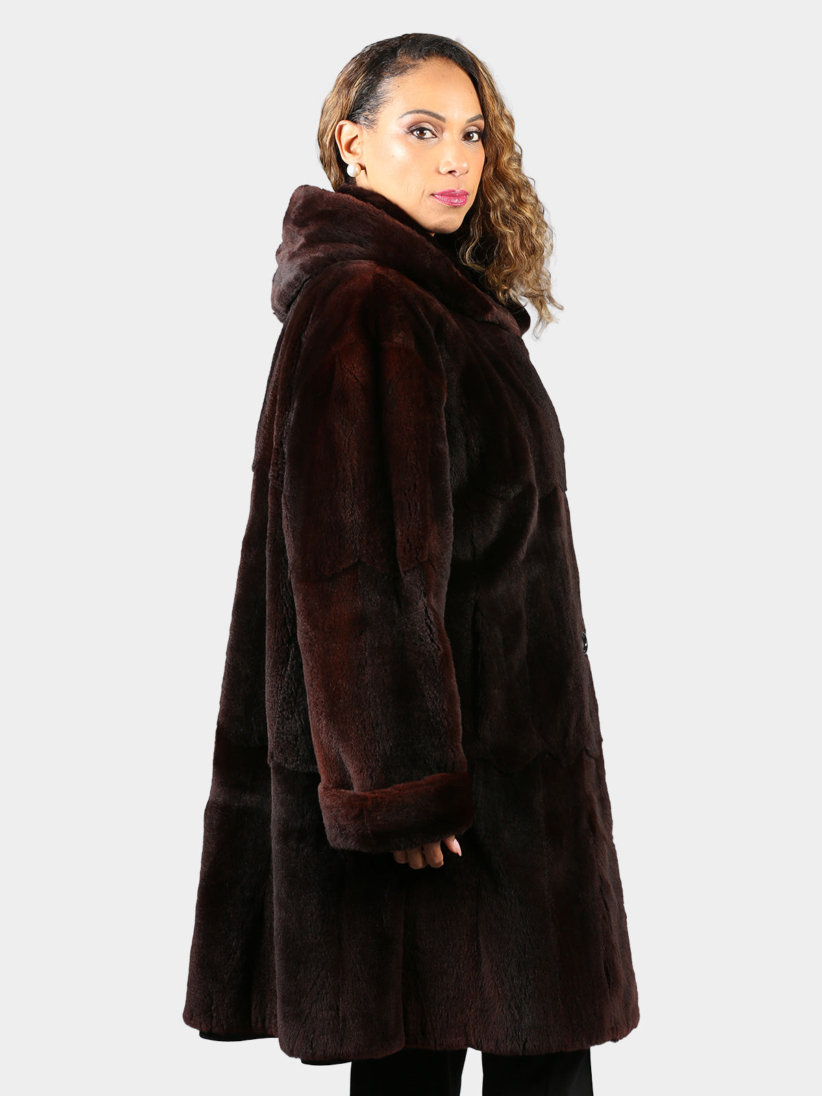 Woman's Plus Size Swing Style Dyed Dark Brown Sheared Mink Fur 7/8 Coat (Reversible)