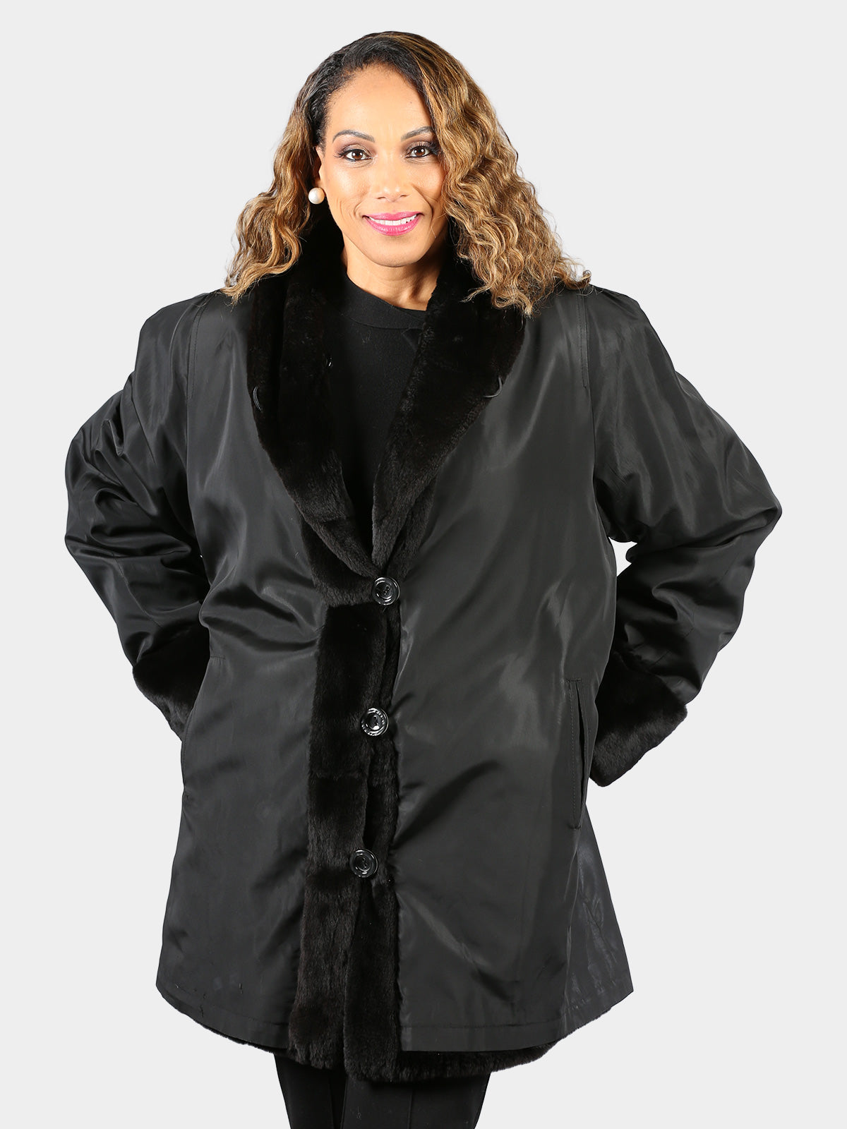 Woman's Plus Size Dyed Black Sheared Mink Fur Stroller (Reversible)