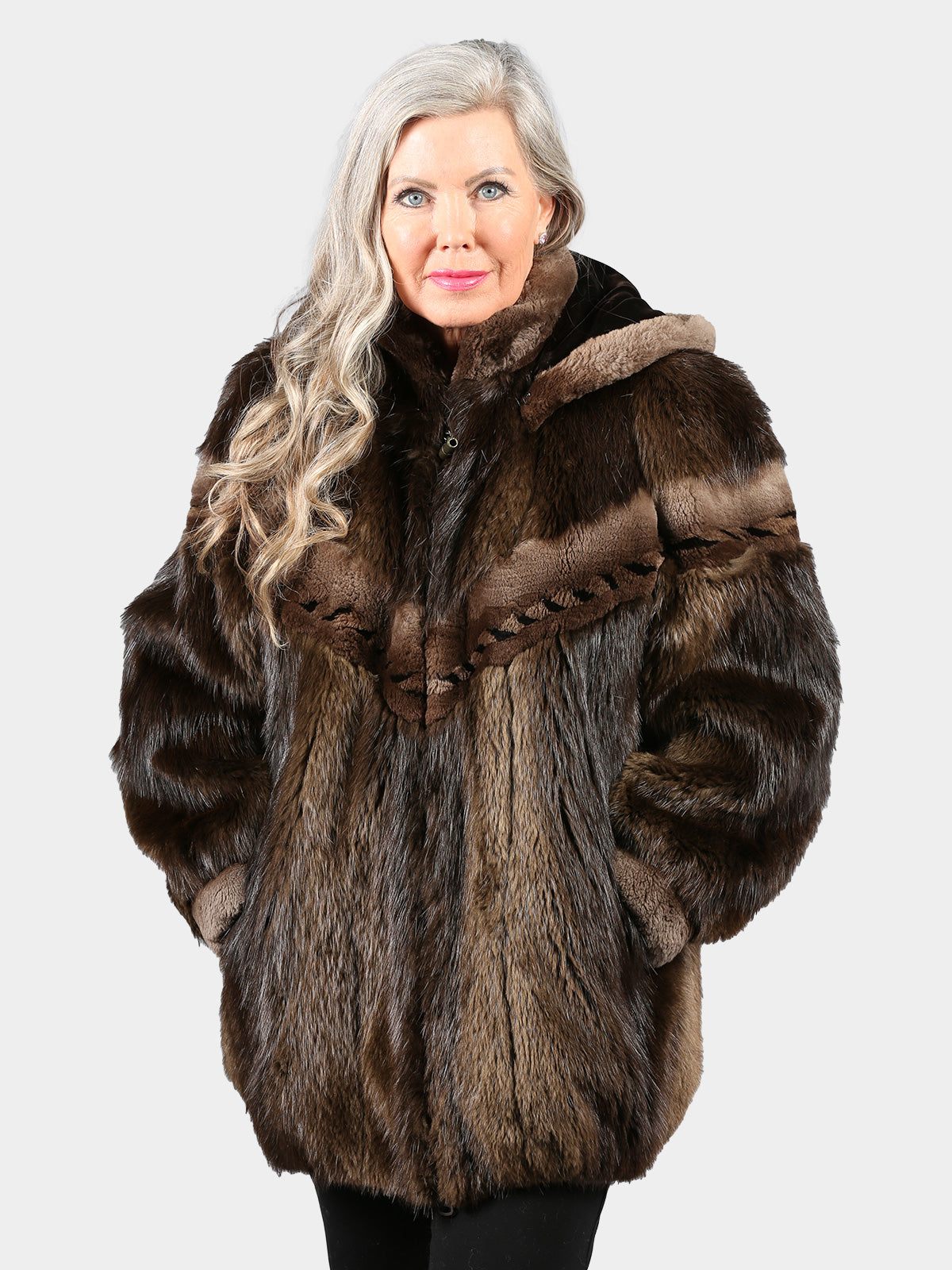 Woman's Natural Medium Tone Long Hair Beaver Fur Jacket with Detachable Hood