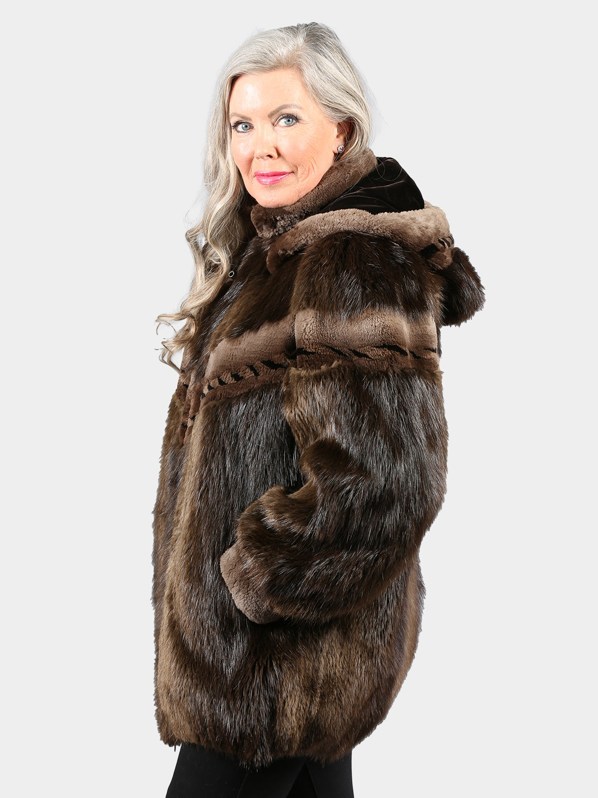 Woman's Natural Medium Tone Long Hair Beaver Fur Jacket with Detachable Hood