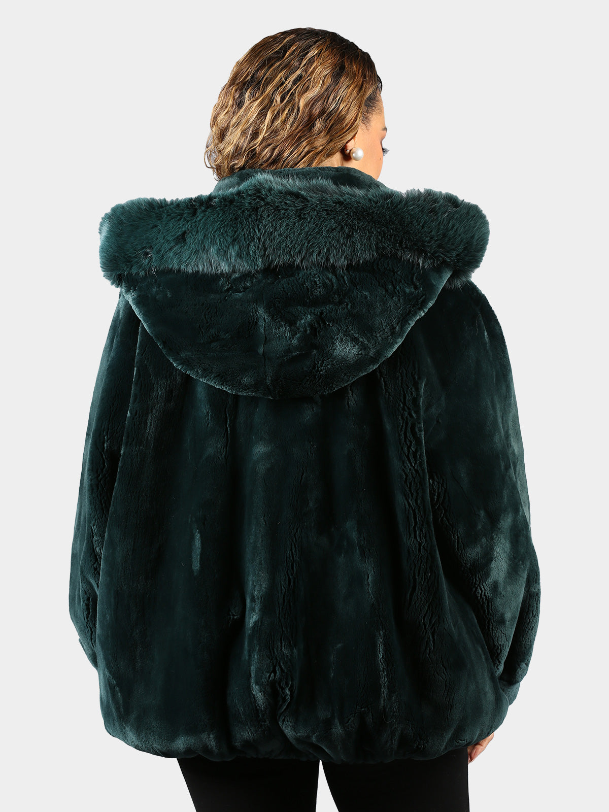 Woman's Plus Size Dyed Deep Hunter Green Sheared Beaver Fur Jacket with Detachable Hood
