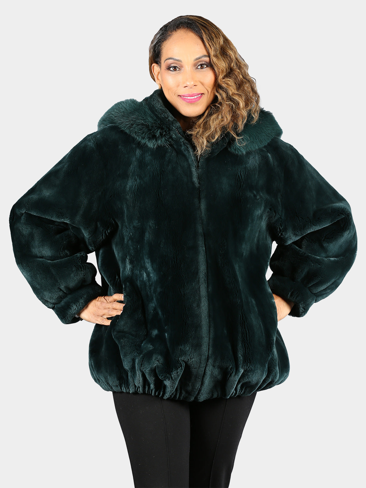 Woman's Plus Size Dyed Deep Hunter Green Sheared Beaver Fur Jacket with Detachable Hood