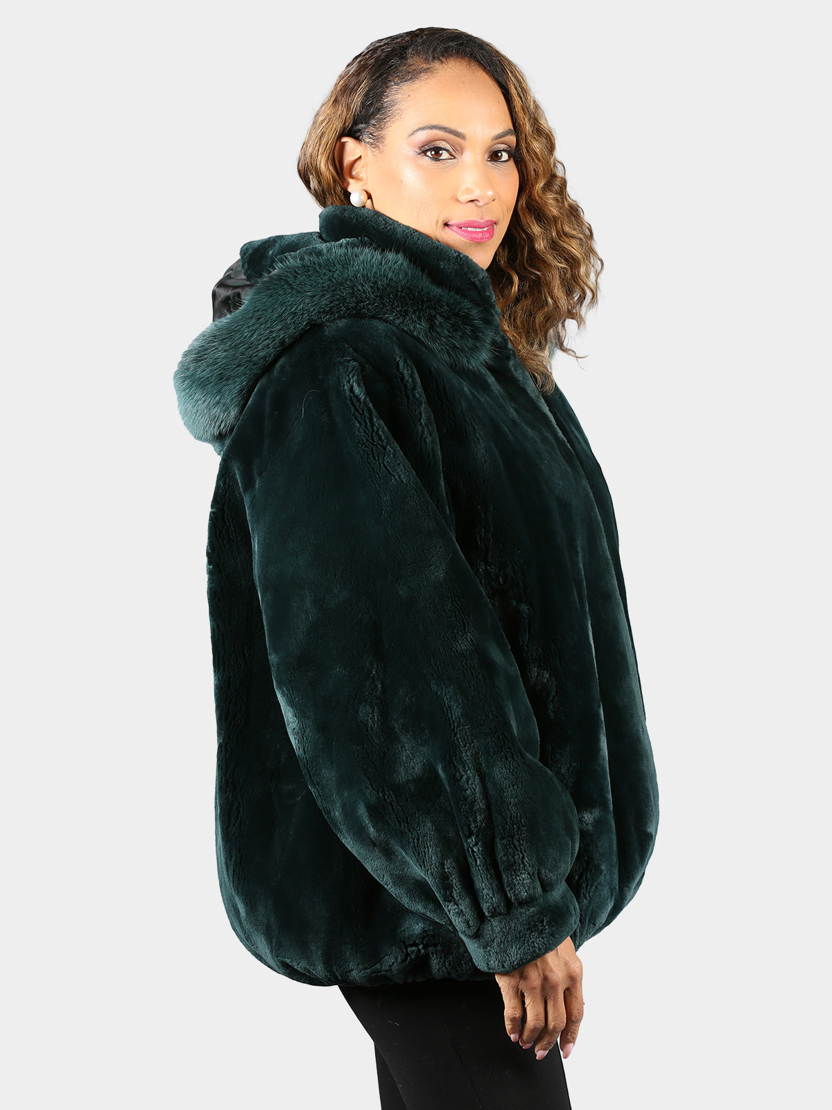 Woman's Plus Size Dyed Deep Hunter Green Sheared Beaver Fur Jacket with Detachable Hood