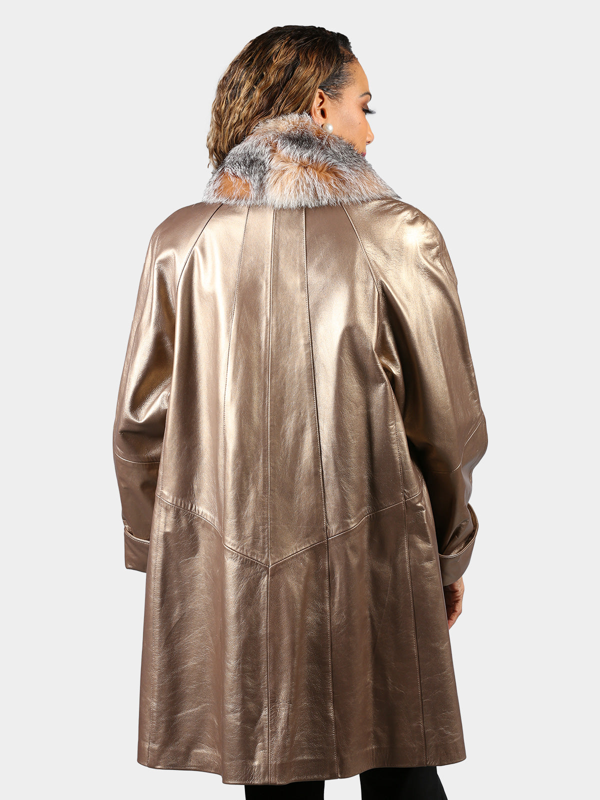 Woman's Plus Size Dyed Bronze Leather 7/8 Coat with Crystal Fox Collar