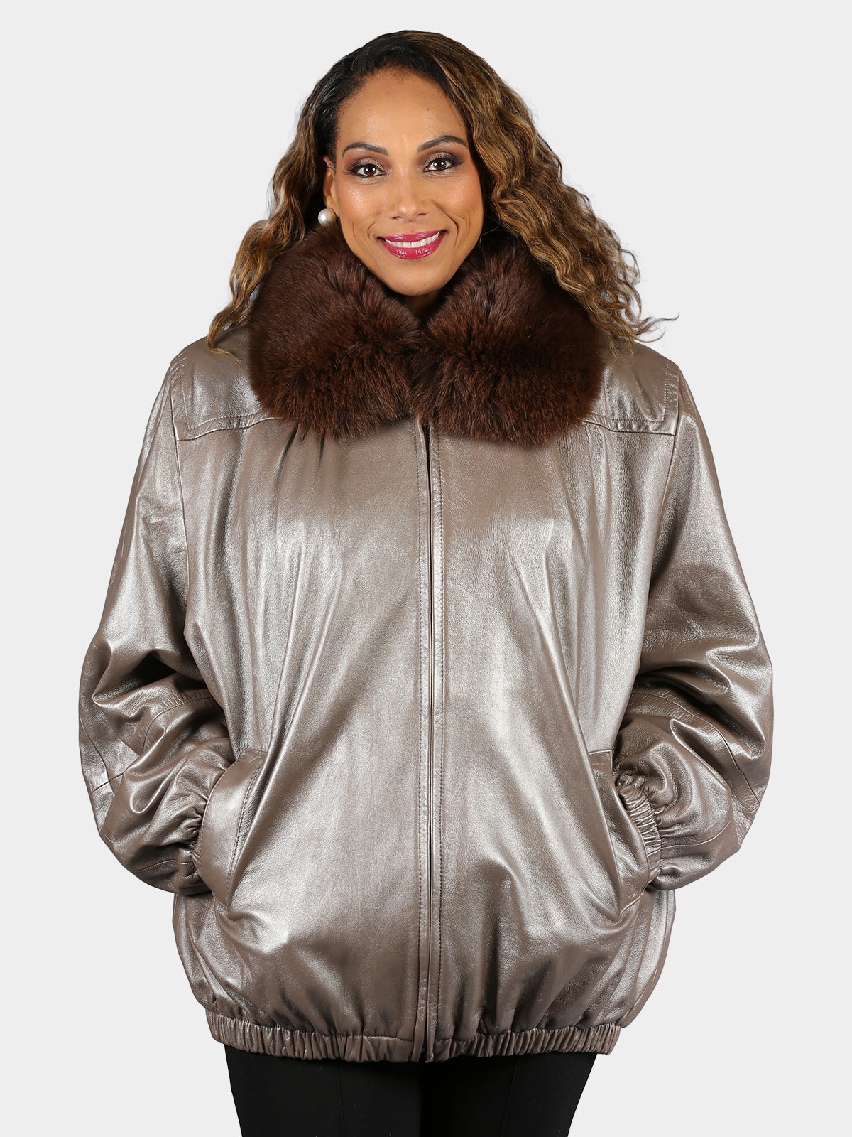 Woman's Plus Size Pewter Dyed Leather Jacket with Brown Rex Rabbit Fur Liner and Fox Collar