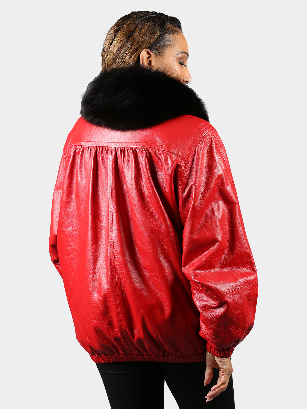 Woman's Plus Size Dyed Red Leather Jacket with Black Sheared Rex Rabbit Fur Liner